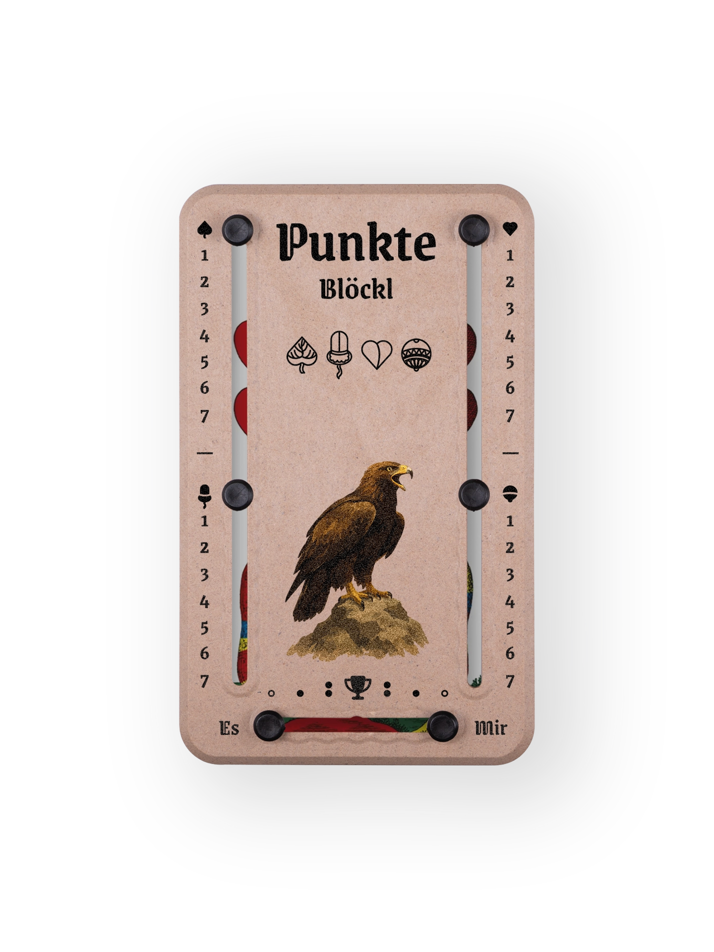 Punkteblöckl bis jeweils 7 Punkte in Holzoptik  und schwarzen Pins - mit Adler Motiv auf transparenten Hintergrund.