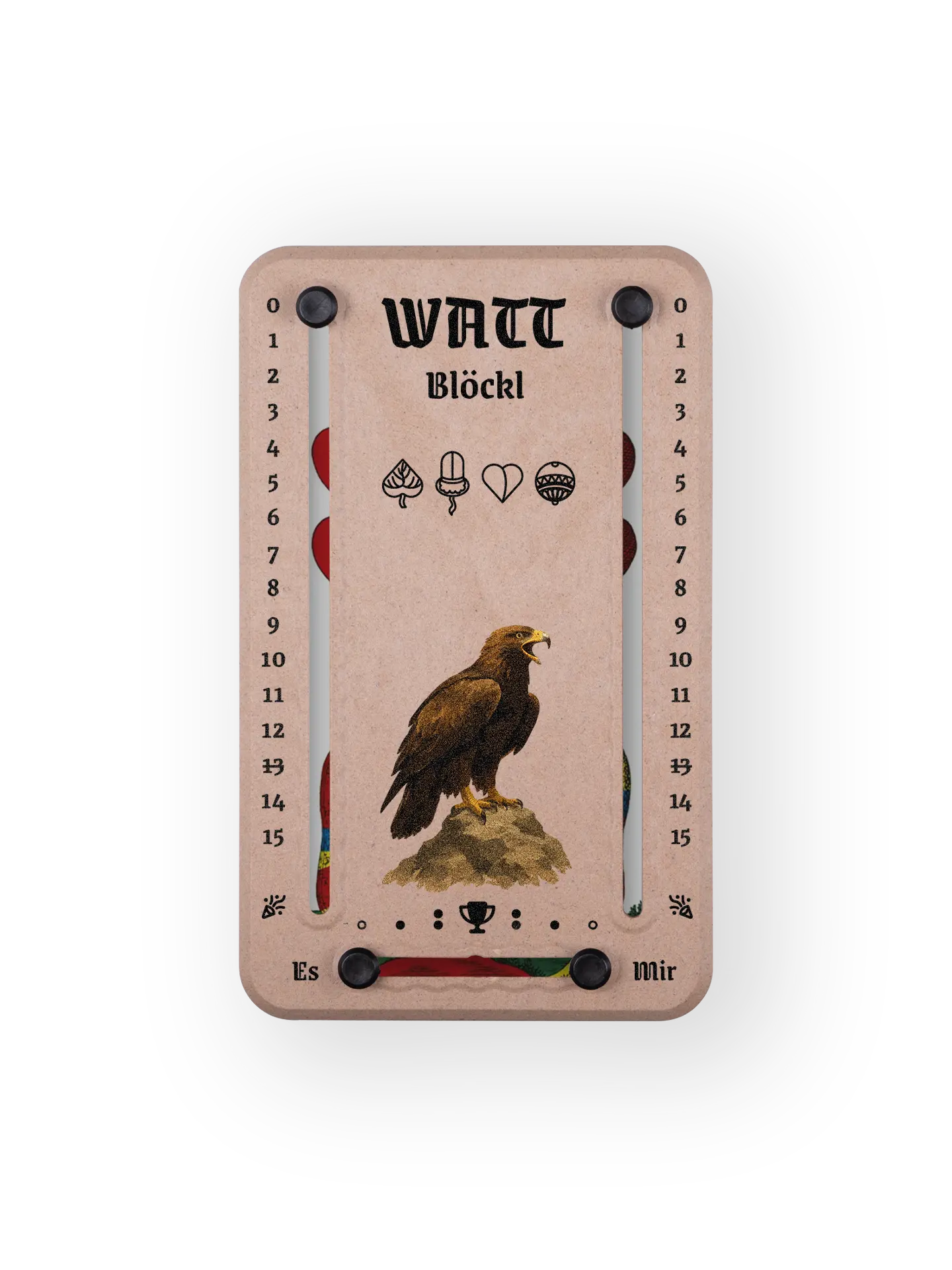 Wattblöckl bis 15 Punkte in Holzoptik und schwarzen Pins - mit Adler Motiv auf transparenten Hintergrund.