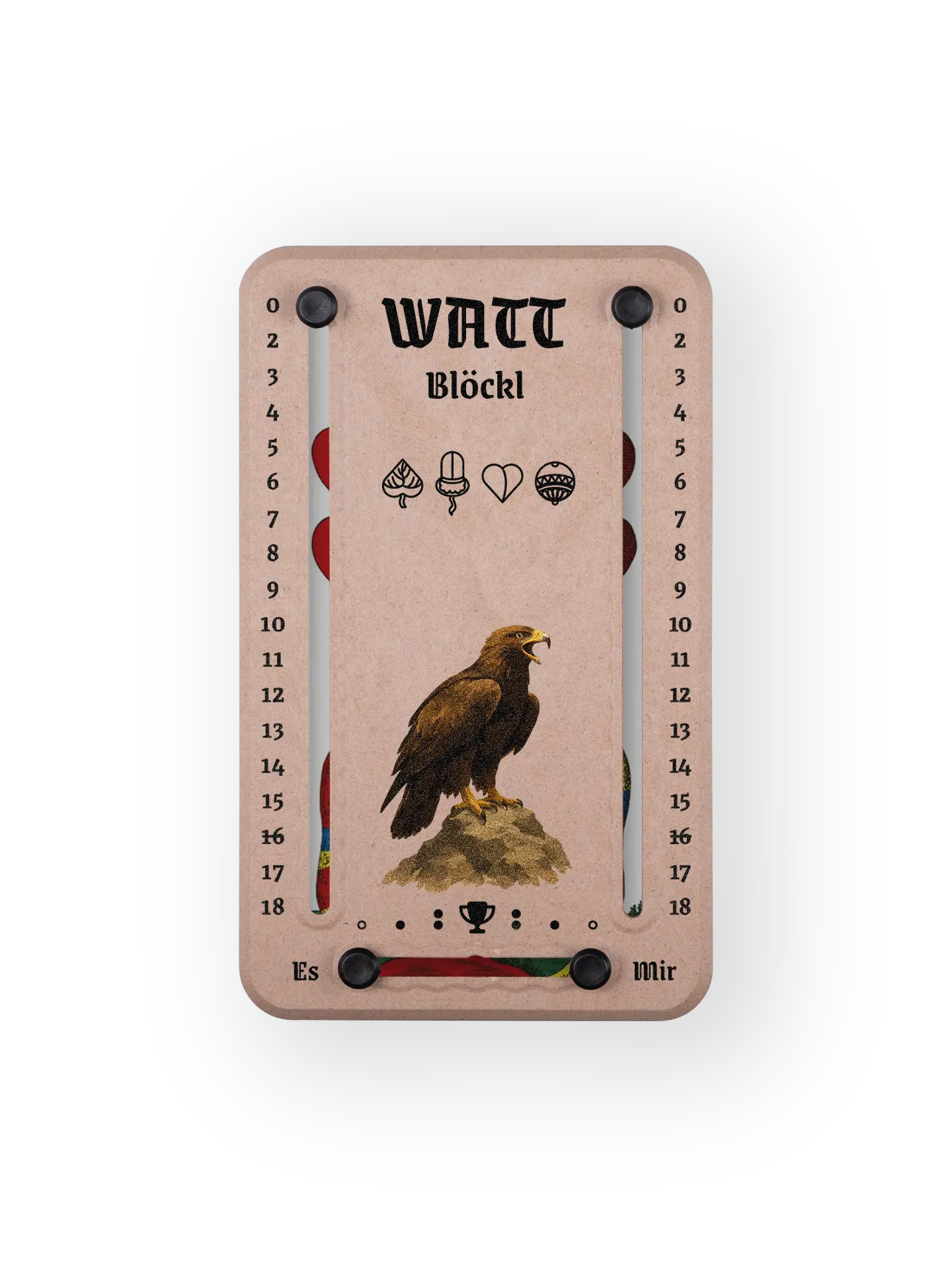Wattblöckl bis 18 Punkte in Holzoptik und schwarzen Pins - mit Adler Motiv auf transparenten Hintergrund.