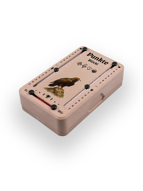 Punkteblöckl (perspektivisch fotografiert) in Holzoptik mit Motiv Adler.