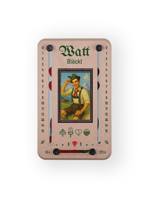 Wattblöckl bis 15 Punkte in Holzoptik und schwarzen Pins - mit Alpenbua Motiv auf transparenten Hintergrund.