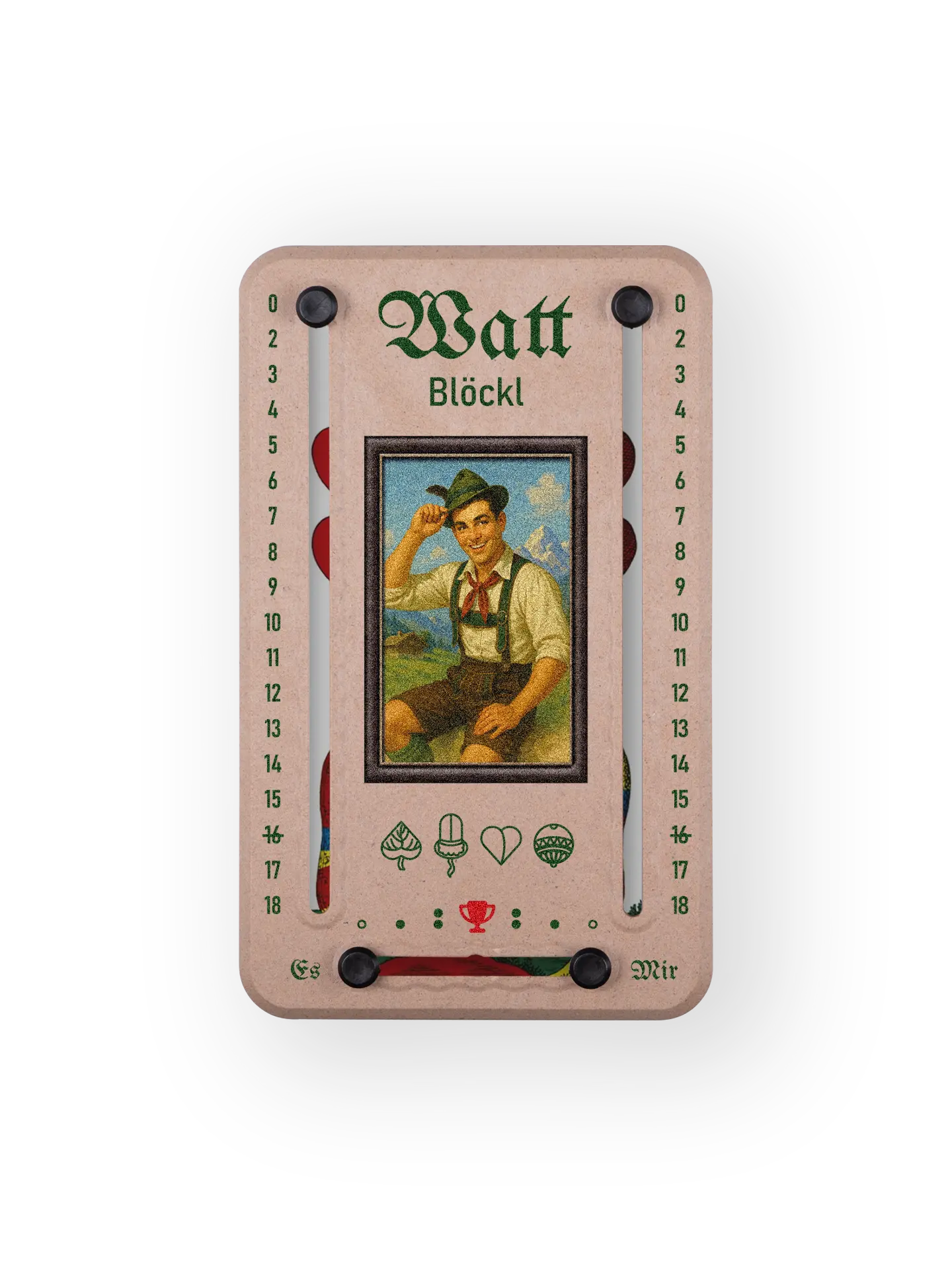 Wattblöckl bis 18 Punkte in Holzoptik und schwarzen Pins - mit Alpenbua Motiv auf transparenten Hintergrund.