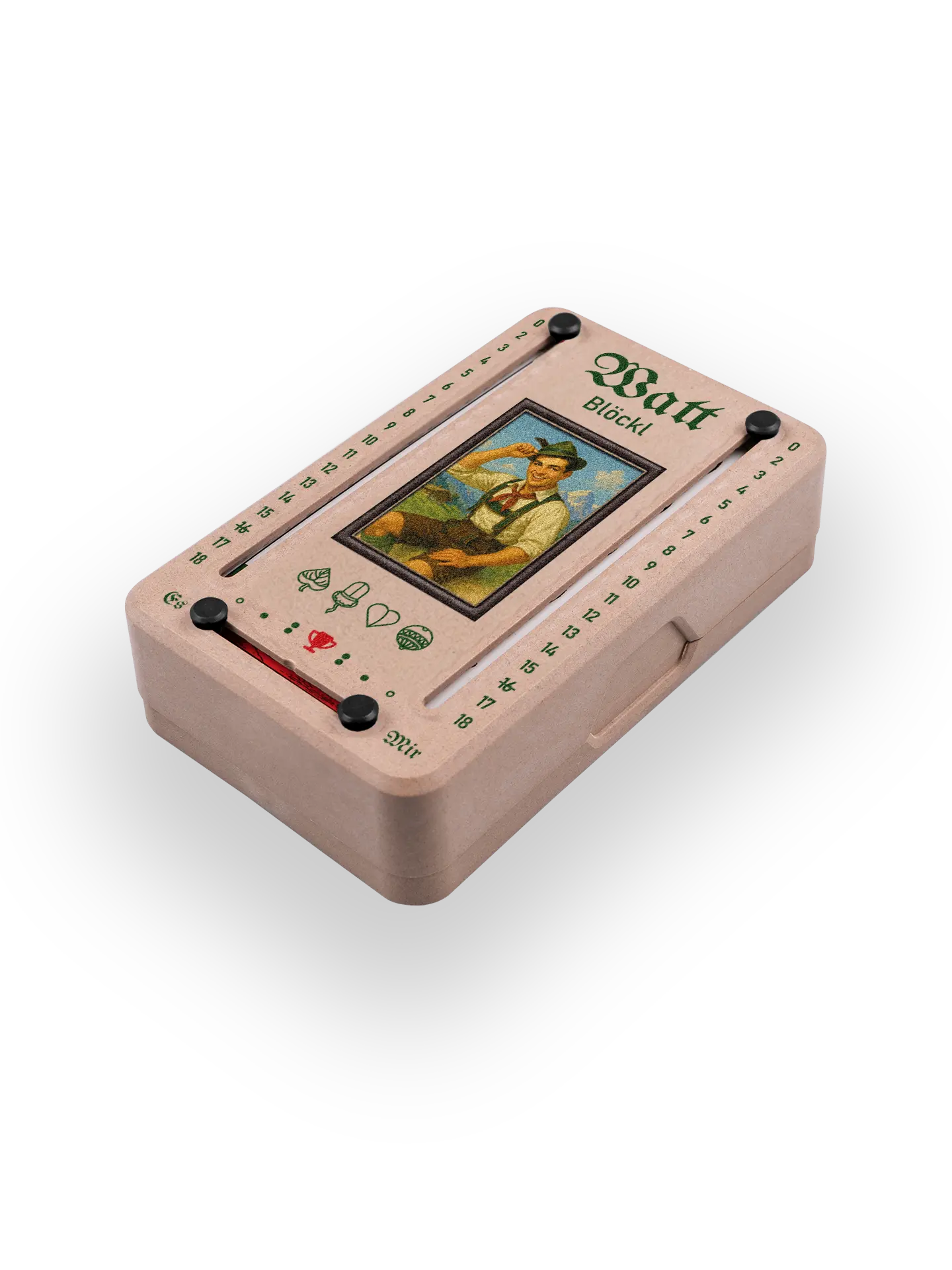 Wattblöckl (perspektivisch fotografiert) in Holzoptik mit Motiv Alpenbua.