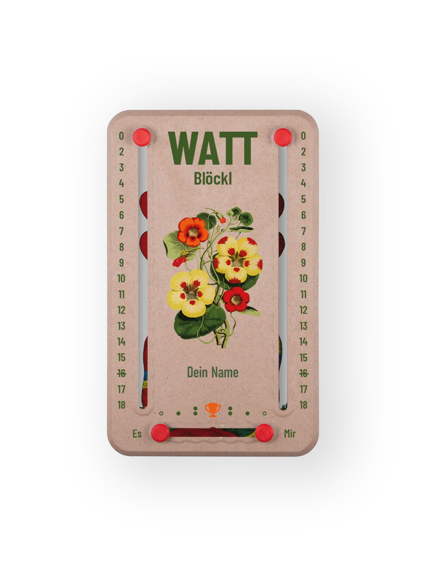 Wattblöckl in Holzoptik mit Alpenflora-Motiv und individueller Namens-Personalisierung