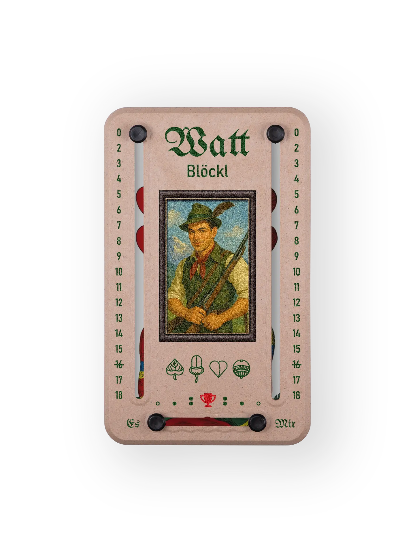 Wattblöckl bis 18 Punkte in Holzoptik und schwarzen Pins - mit Alpenjaeger Motiv auf transparenten Hintergrund.