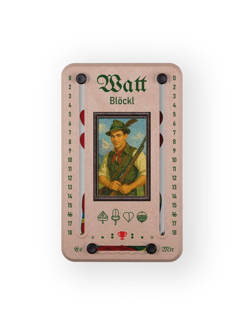 Wattblöckl bis 18 Punkte in Holzoptik und schwarzen Pins - mit Alpenjaeger Motiv auf transparenten Hintergrund.