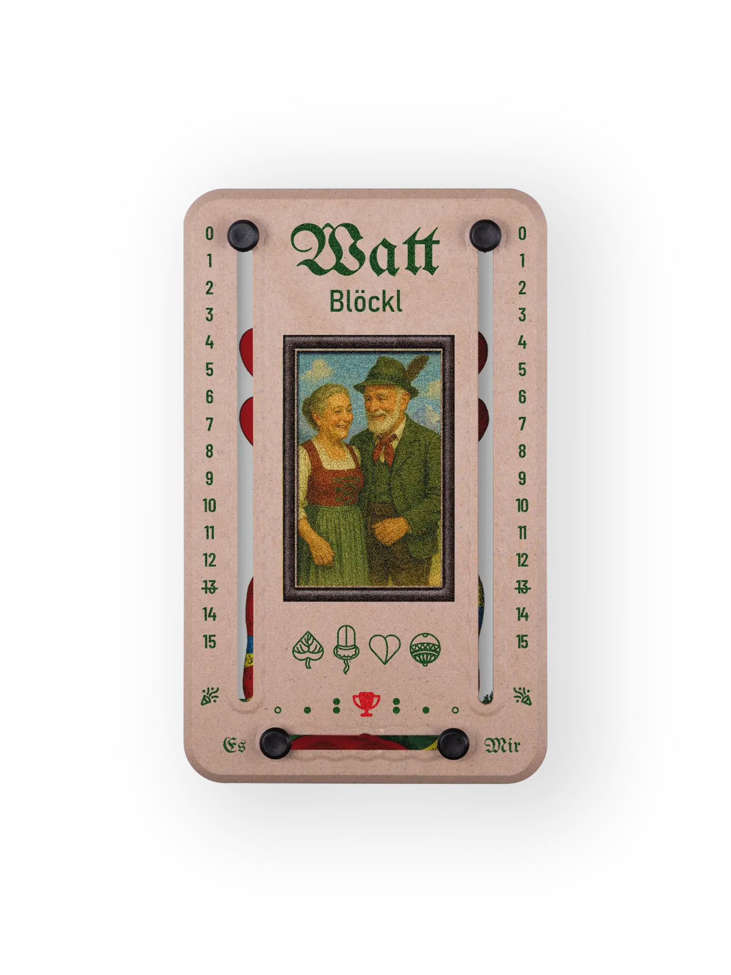 Wattblöckl bis 15 Punkte in Holzoptik und schwarzen Pins - mit Alpenliebe Motiv auf transparenten Hintergrund.