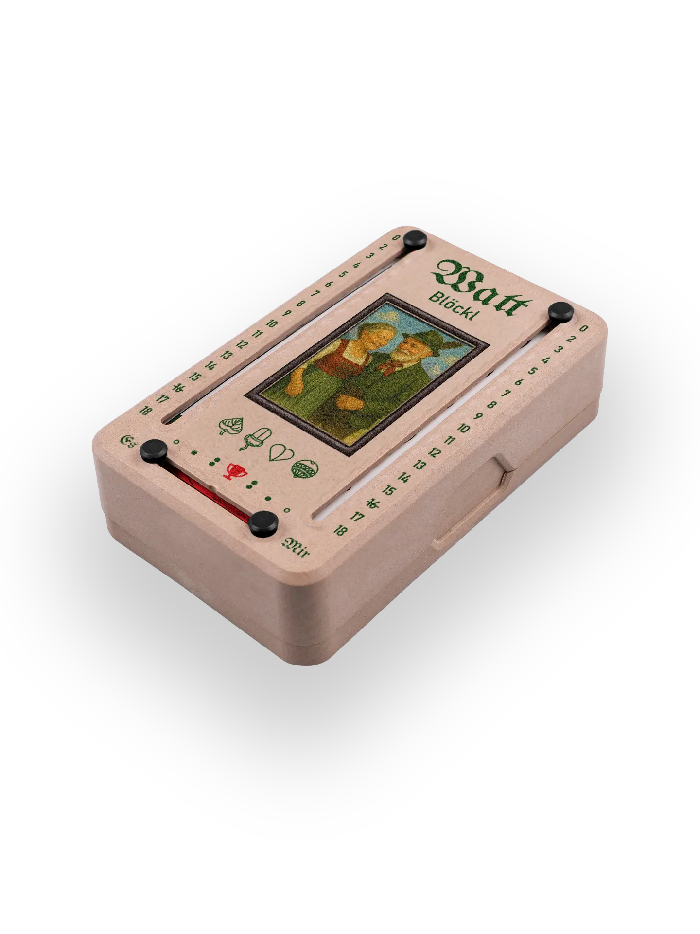 Wattblöckl (perspektivisch fotografiert) in Holzoptik mit Motiv Alpenliebe.