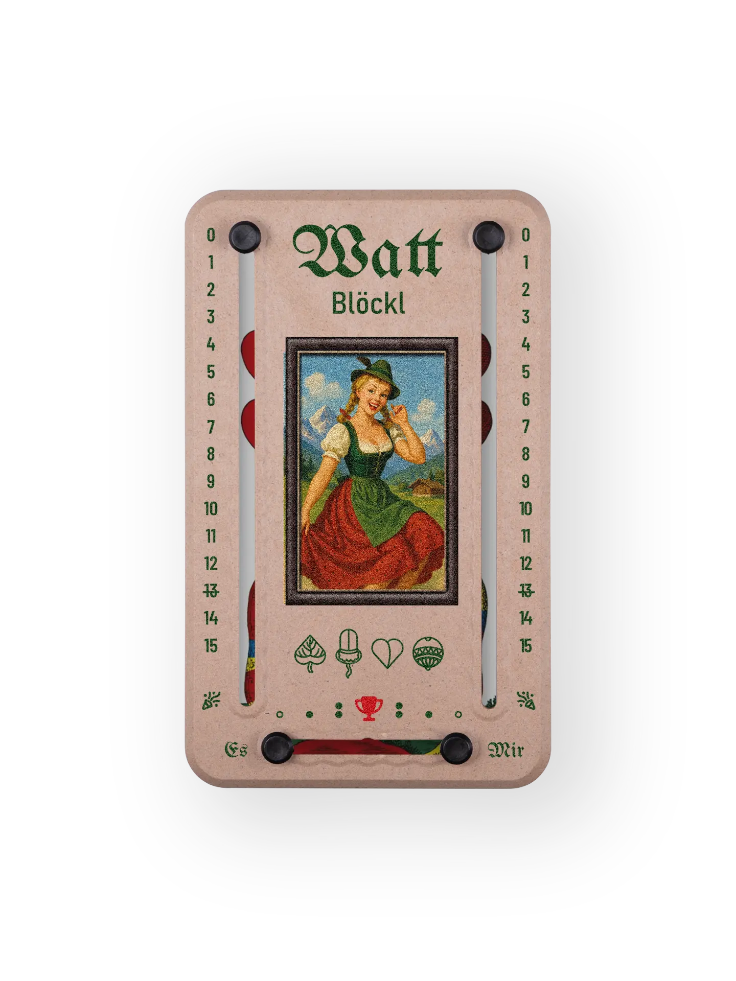 Wattblöckl bis 15 Punkte in Holzoptik und schwarzen Pins - mit Alpenmadl Motiv auf transparenten Hintergrund.