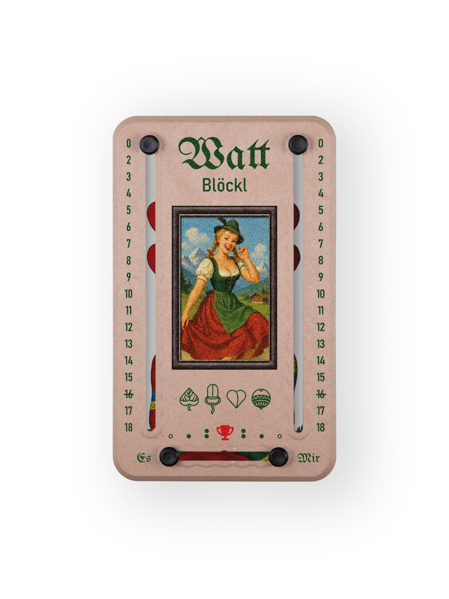 Wattblöckl bis 18 Punkte in Holzoptik und schwarzen Pins - mit Alpenmadl Motiv auf transparenten Hintergrund.