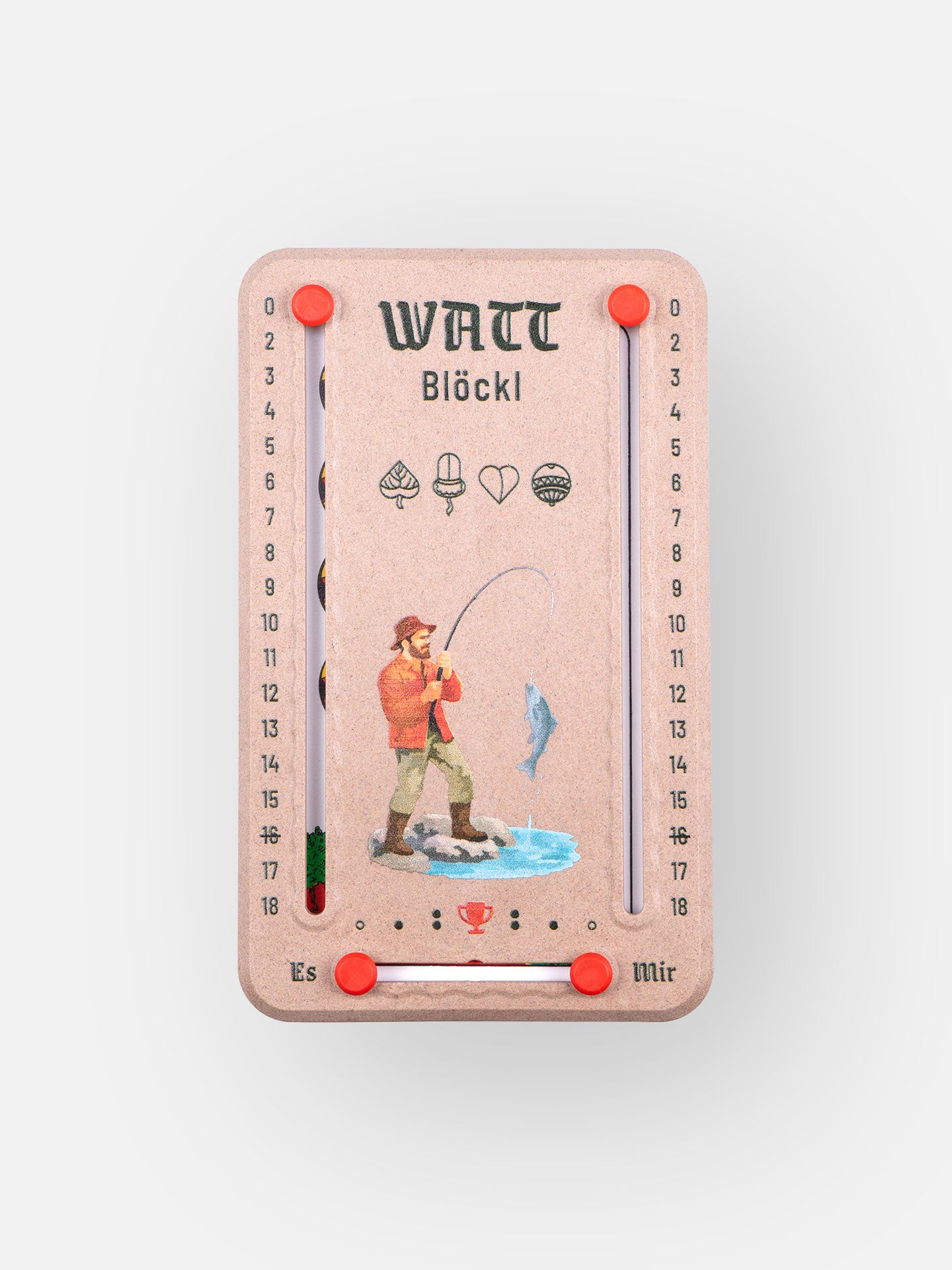 Wattblöckl in Holzoptik und roten Pins - mit Angler Motiv auf grauen Hintergrund.