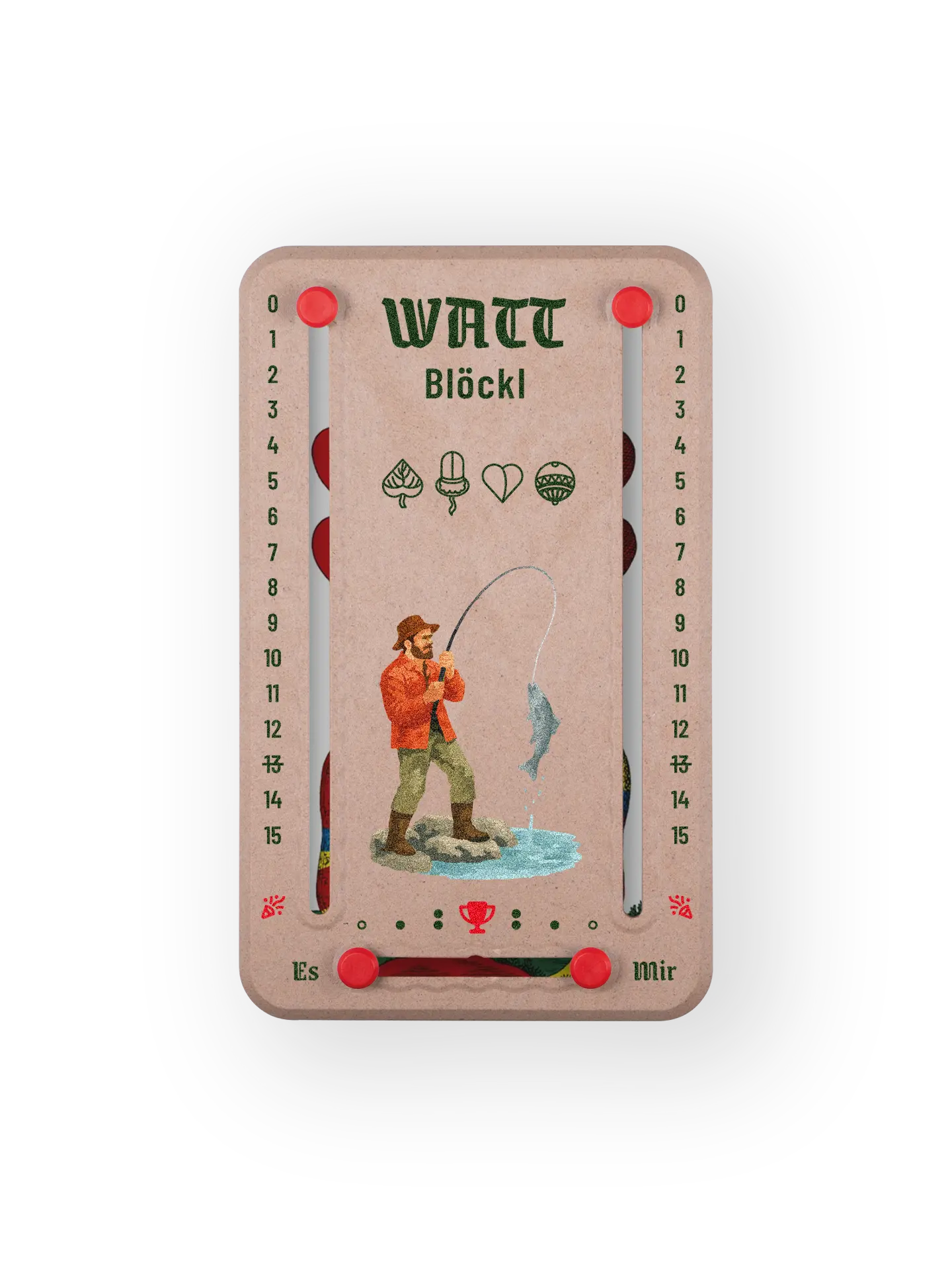 Wattblöckl bis 15 Punkte in Holzoptik und roten Pins - mit Angler Motiv auf transparenten Hintergrund.