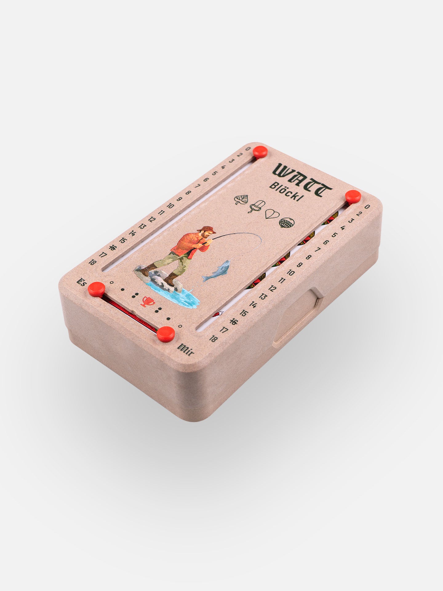 Wattblöckl (perspektivisch fotografiert) in Holzoptik mit Motiv Angler.