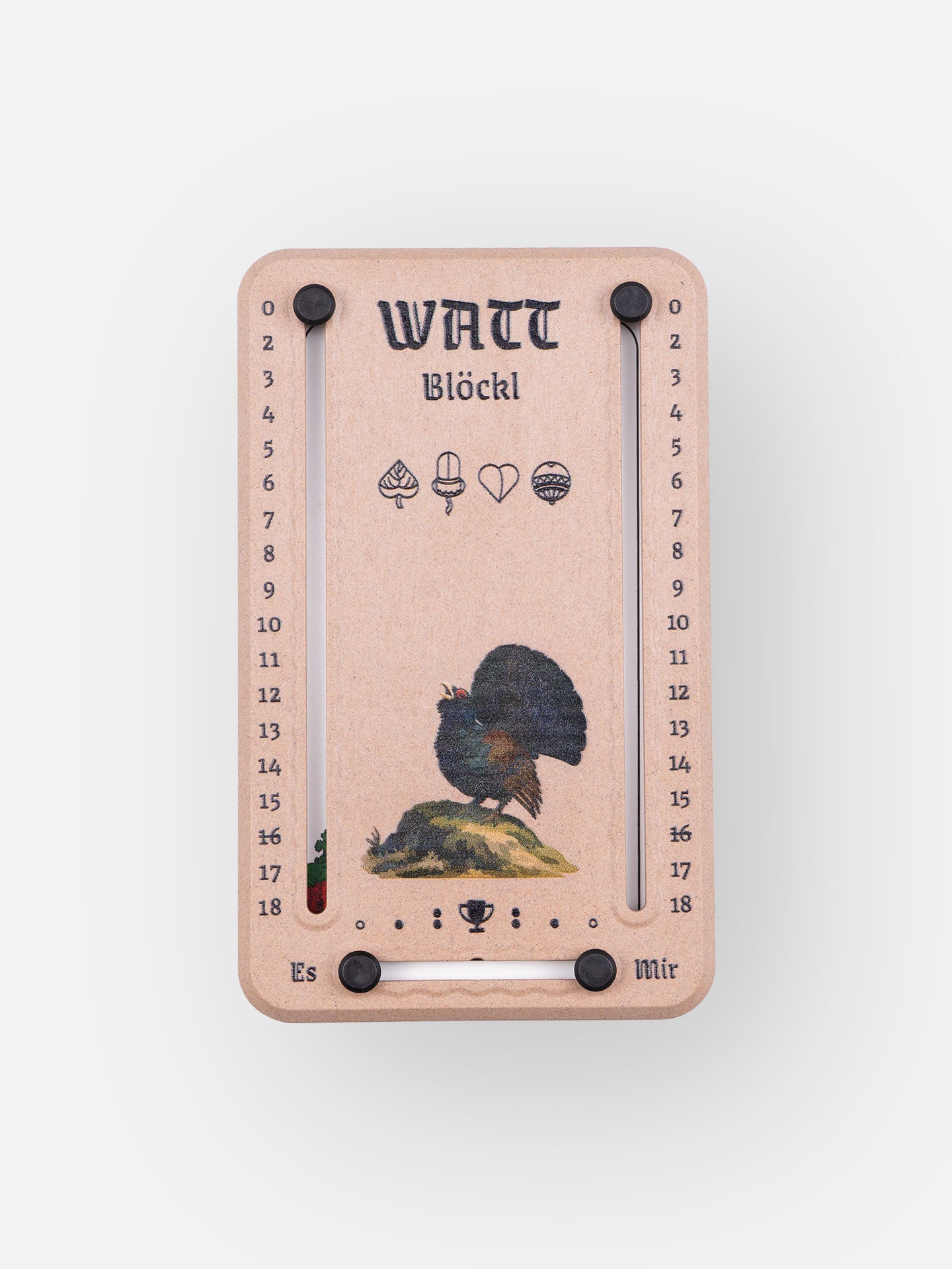 Wattblöckl in Holzoptik und schwarzen Pins - mit Auerhuhn Motiv auf grauen Hintergrund.