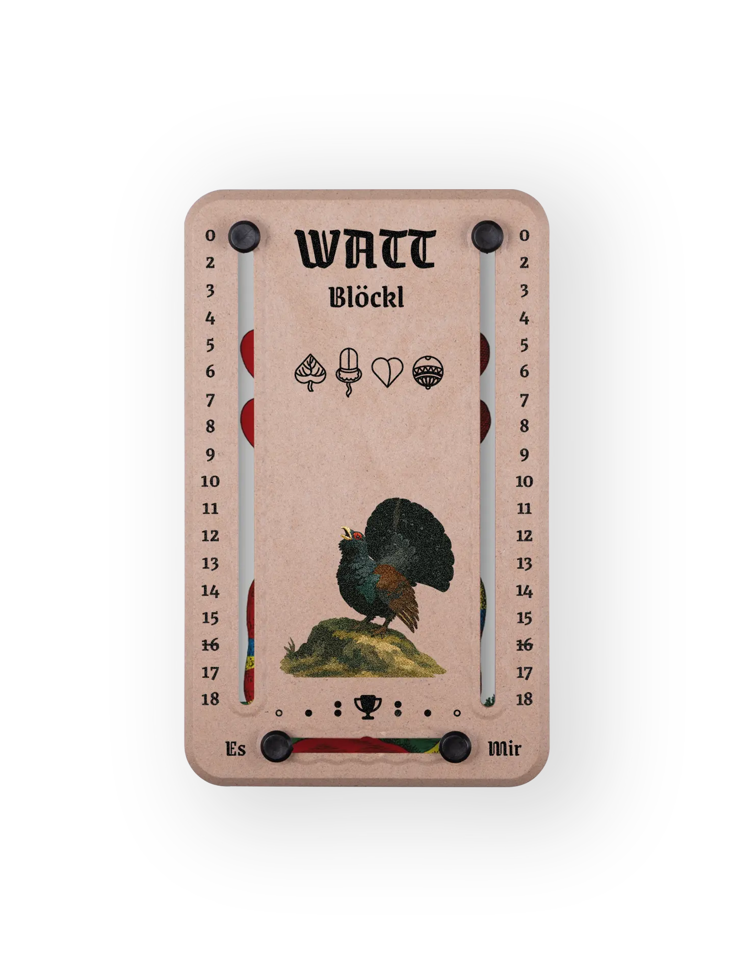 Wattblöckl bis 18 Punkte in Holzoptik und schwarzen Pins - mit Auerhuhn Motiv auf transparenten Hintergrund.