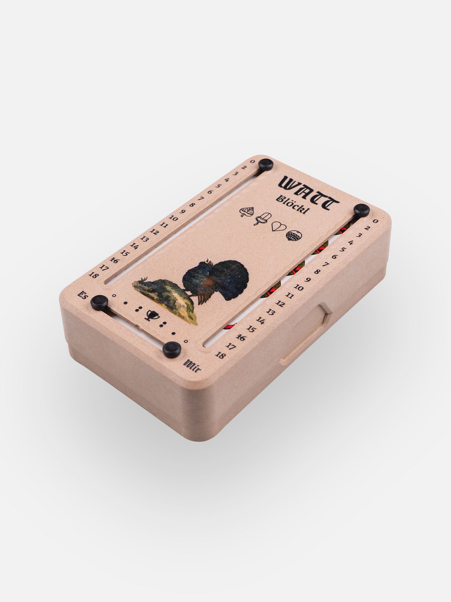 Wattblöckl (perspektivisch fotografiert) in Holzoptik mit Motiv Auerhuhn.