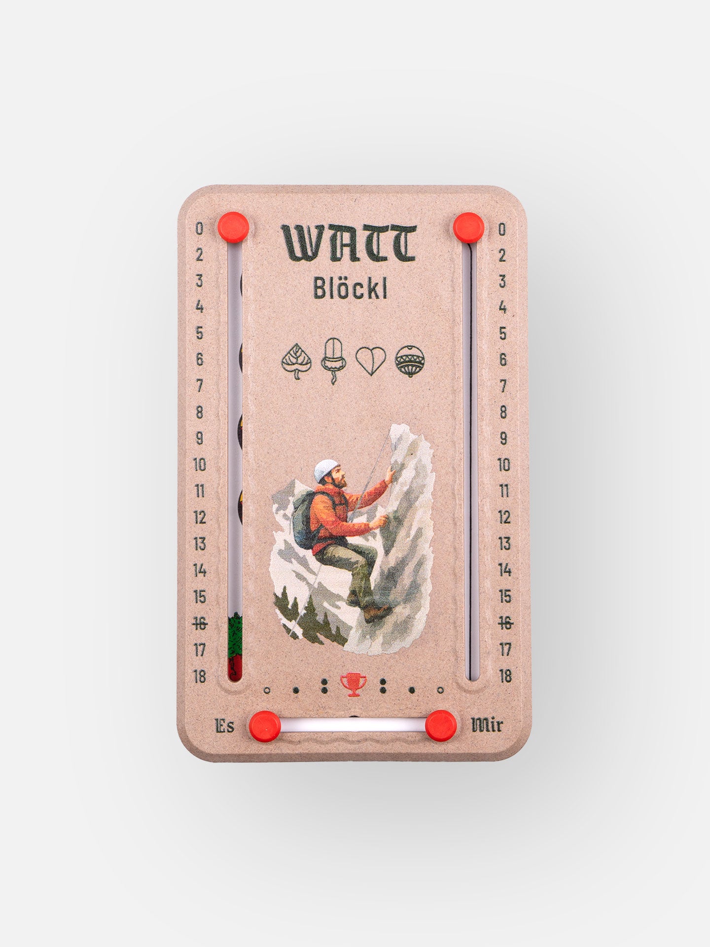 Wattblöckl in Holzoptik und roten Pins - mit Bergsteiger Motiv auf grauen Hintergrund.