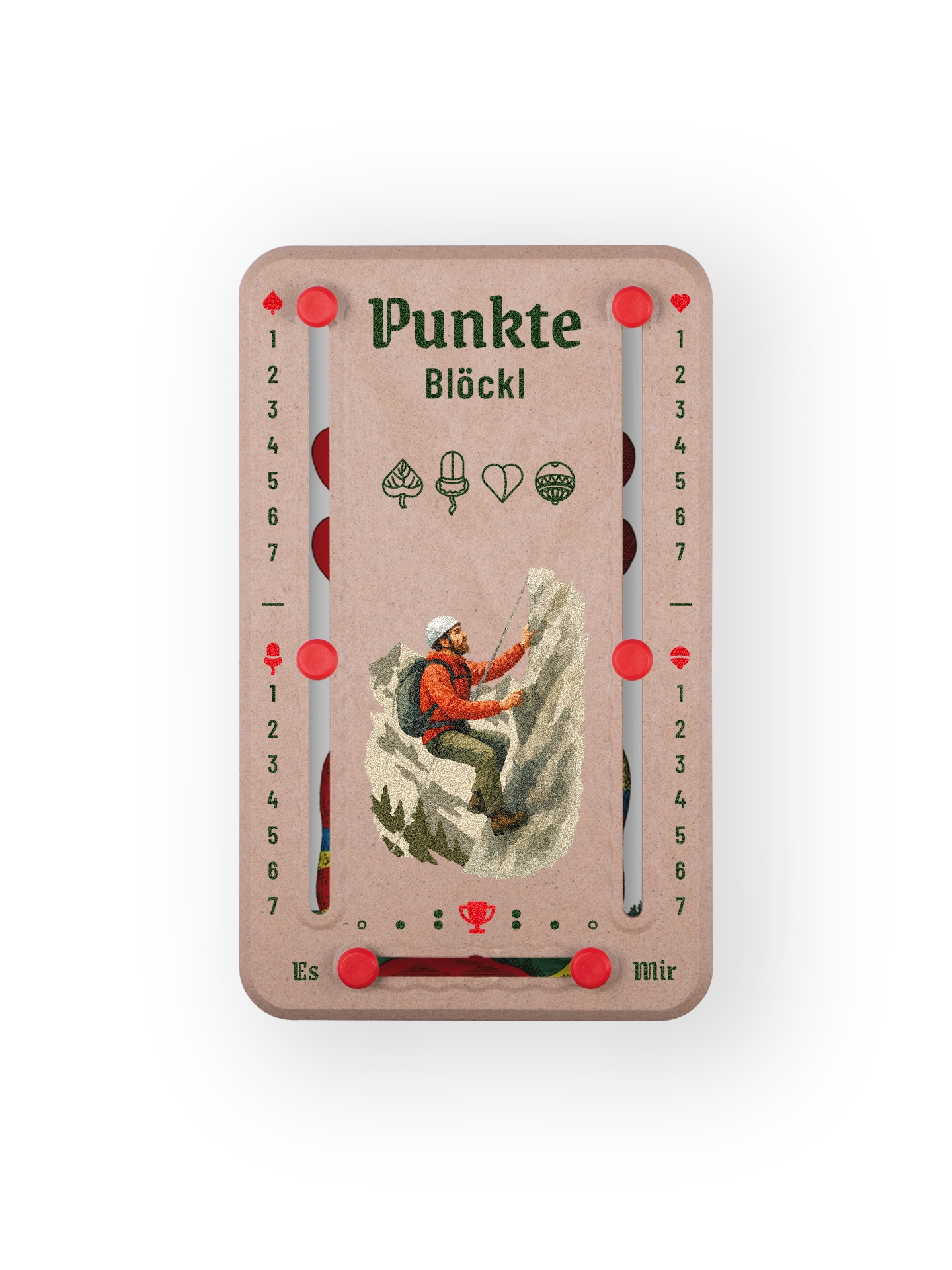 Punkteblöckl bis jeweils 7 Punkte in Holzoptik  und roten Pins - mit Bergsteiger Motiv auf transparenten Hintergrund. 