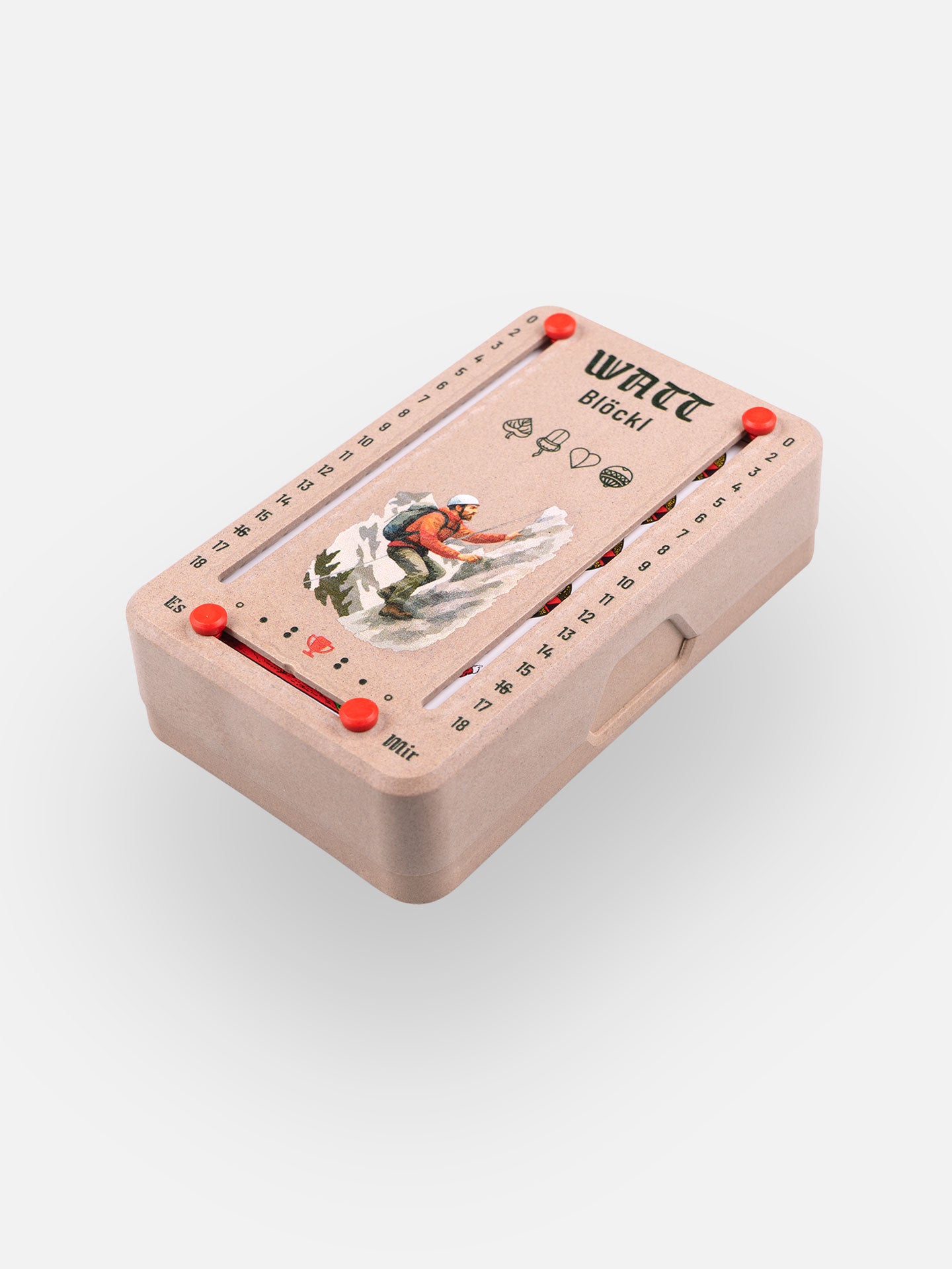 Wattblöckl (perspektivisch fotografiert) in Holzoptik mit Motiv Bergsteiger.