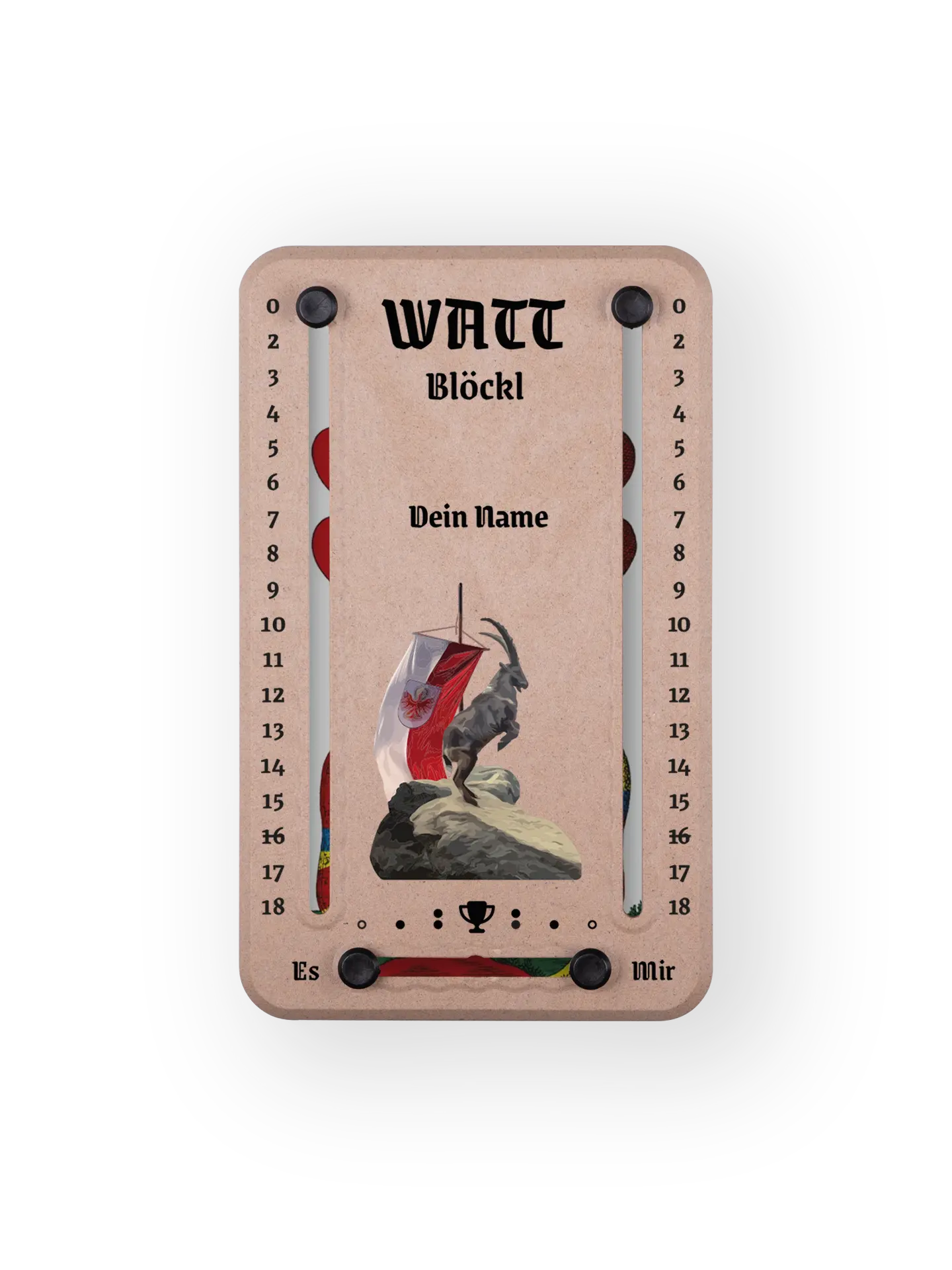 Wattblöckl in Holzoptik mit Bergtiere-Motiv und individueller Namens-Personalisierung