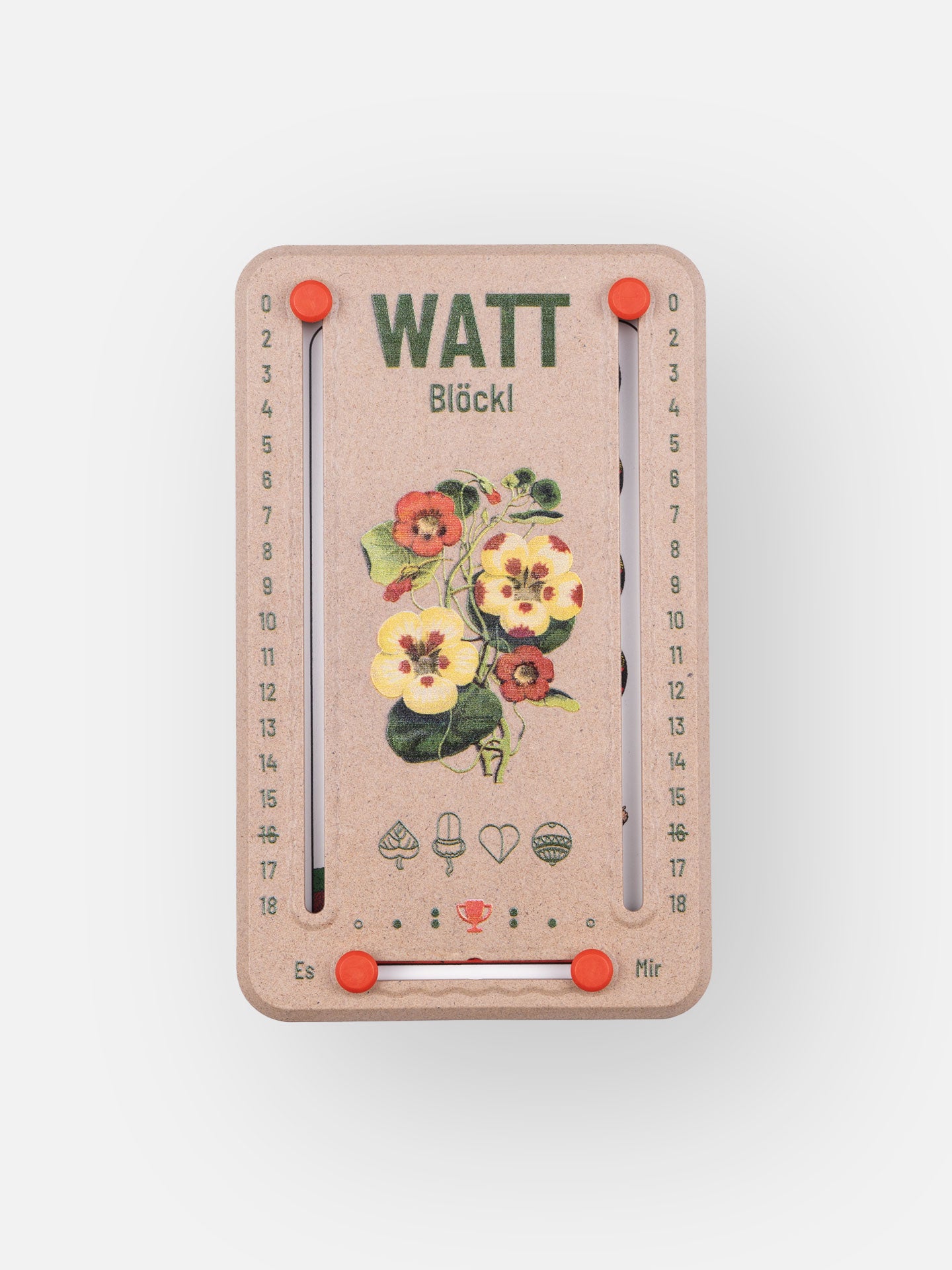 Wattblöckl in Holzoptik und roten Pins - mit Blütenblatt Motiv auf grauen Hintergrund.