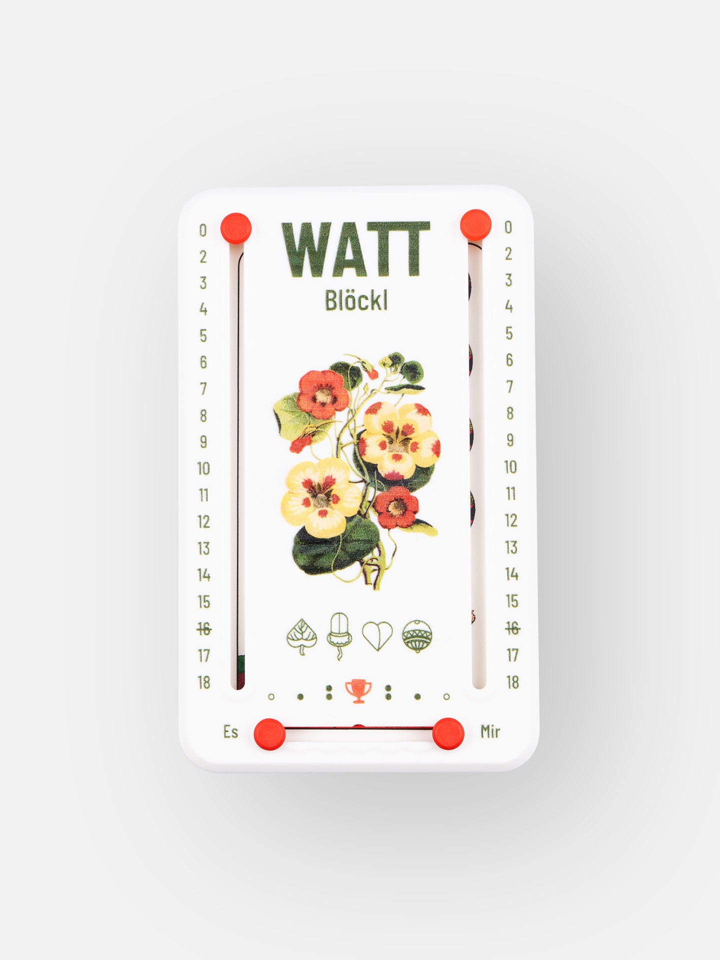 Wattblöckl aus Kunststoff in weiß und roten Pins - mit Blütenblatt Motiv auf grauen Hintergrund.