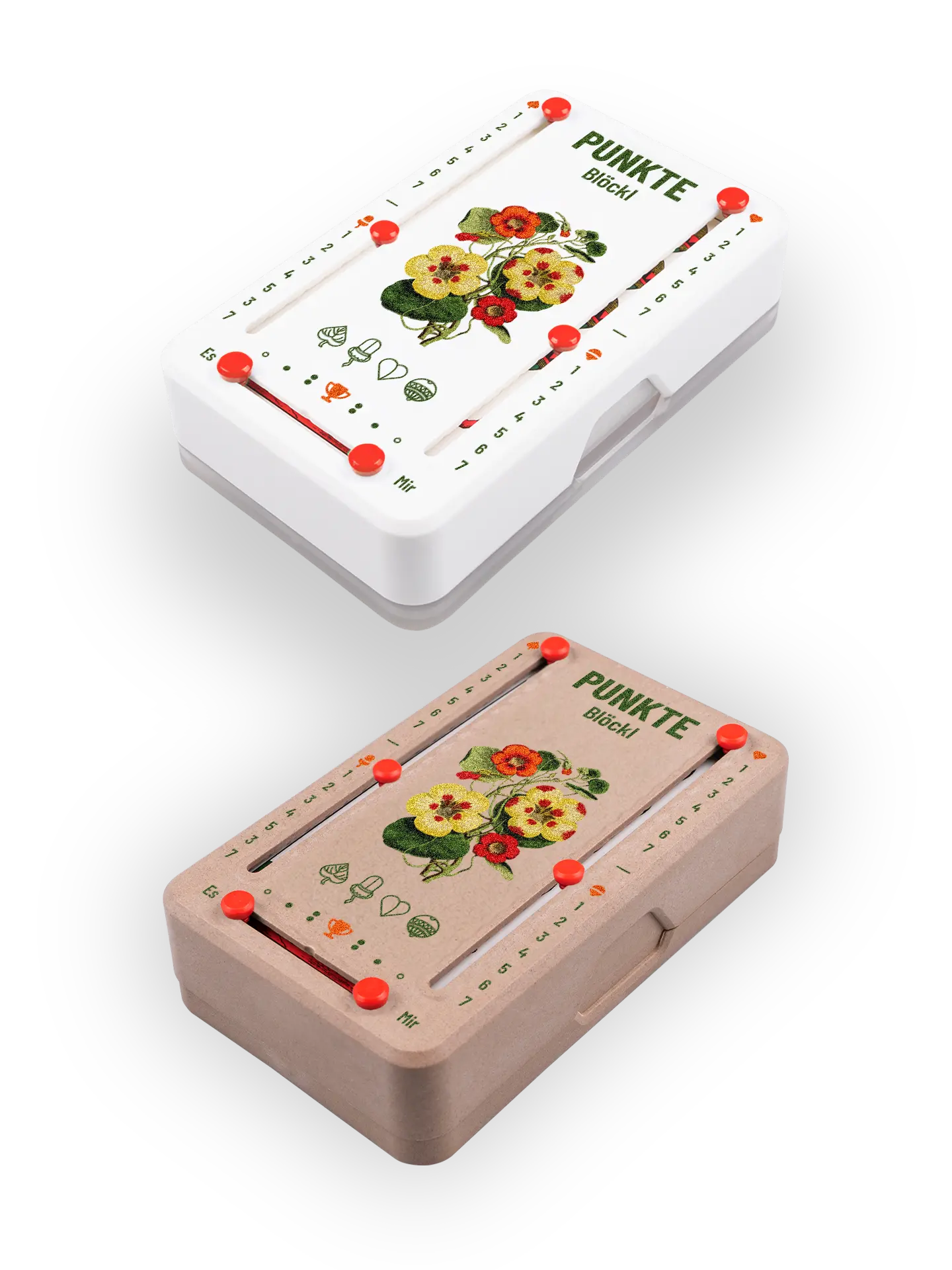 Zwei Punkteblöckl (perspektivisch fotografiert) in Kunststoff weiß und Holzoptik mit Motiv Blütenblatt.