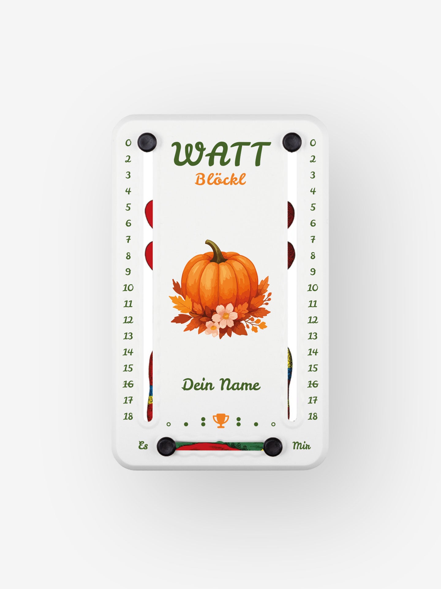Personalisierbares Wattblöckl aus weißem Kunststoff mit schwarzen Pins – Herbstgold-Edition mit Kürbis Motiv und Dein Name als Text Option.