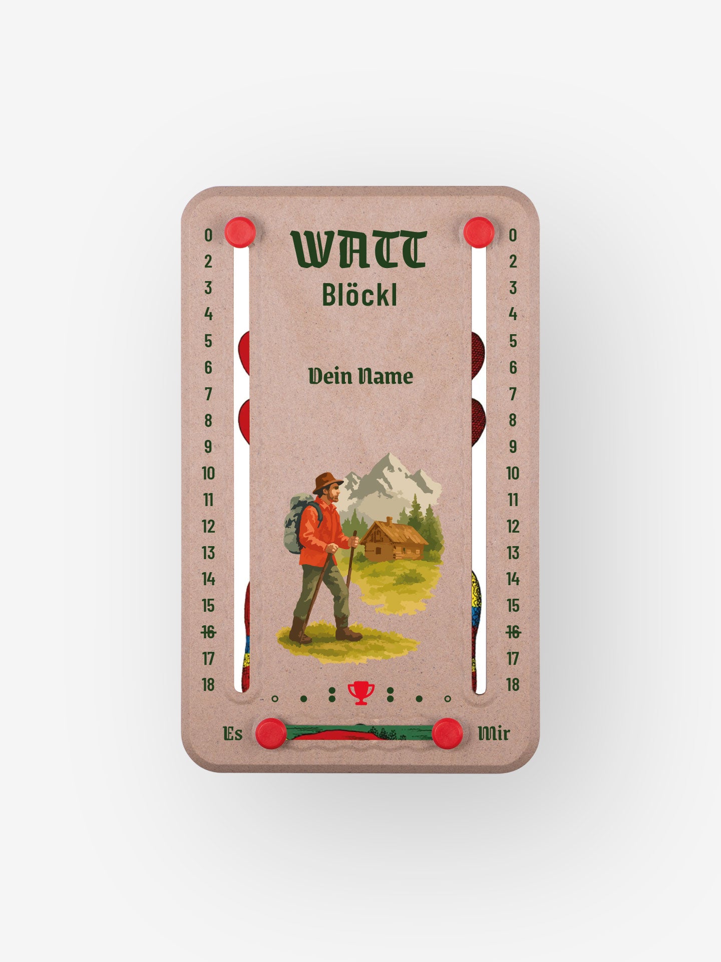 Personalisiertes Wattblöckl in Holzoptik und roten Pins - mit Wanderer Motiv auf grauen Hintergrund.