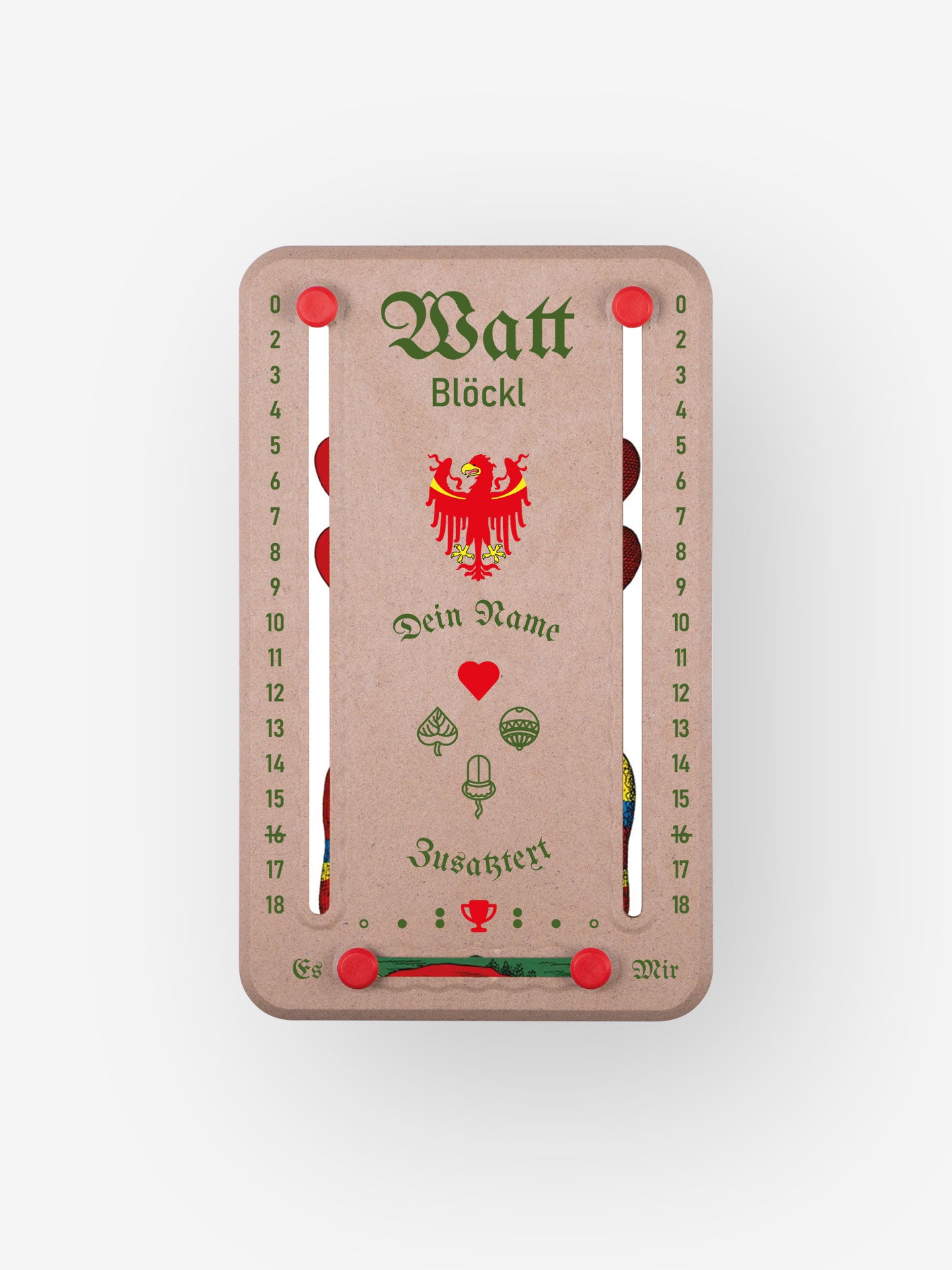 Vorschau personalisiertes Wattblöckl in Holzoptik mit roten Pins – Südtirol -Kollektion mit Adler Motiv.