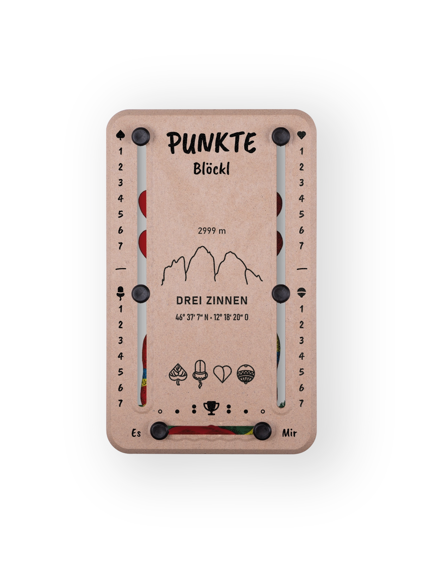 Punkteblöckl bis jeweils 7 Punkte in Holzoptik  und schwarzen Pins - mit Drei Zinnen Motiv auf transparenten Hintergrund