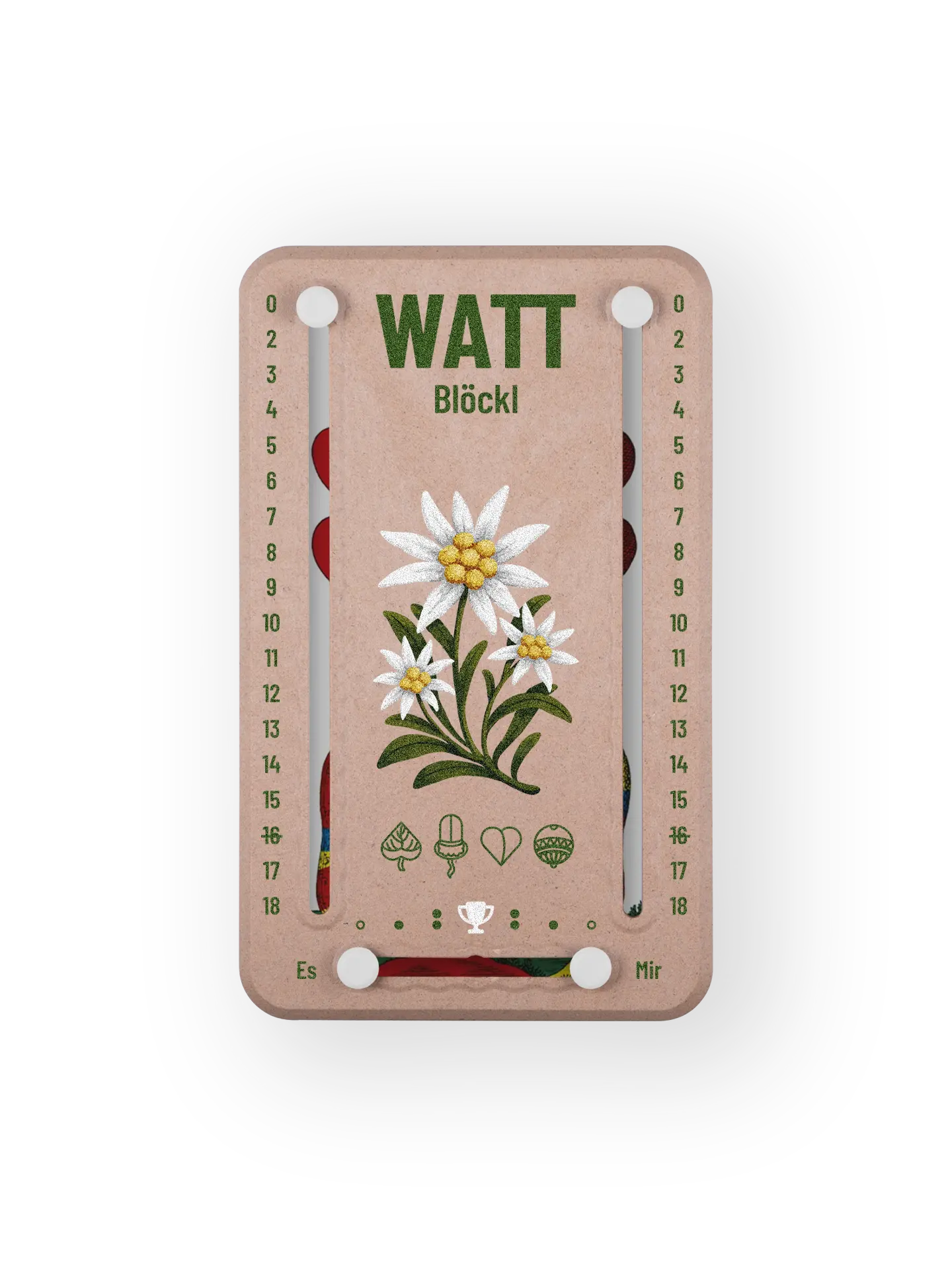 Wattblöckl bis 18 Punkte in Holzoptik und weissen Pins - mit Edelweiss Motiv auf transparenten Hintergrund.