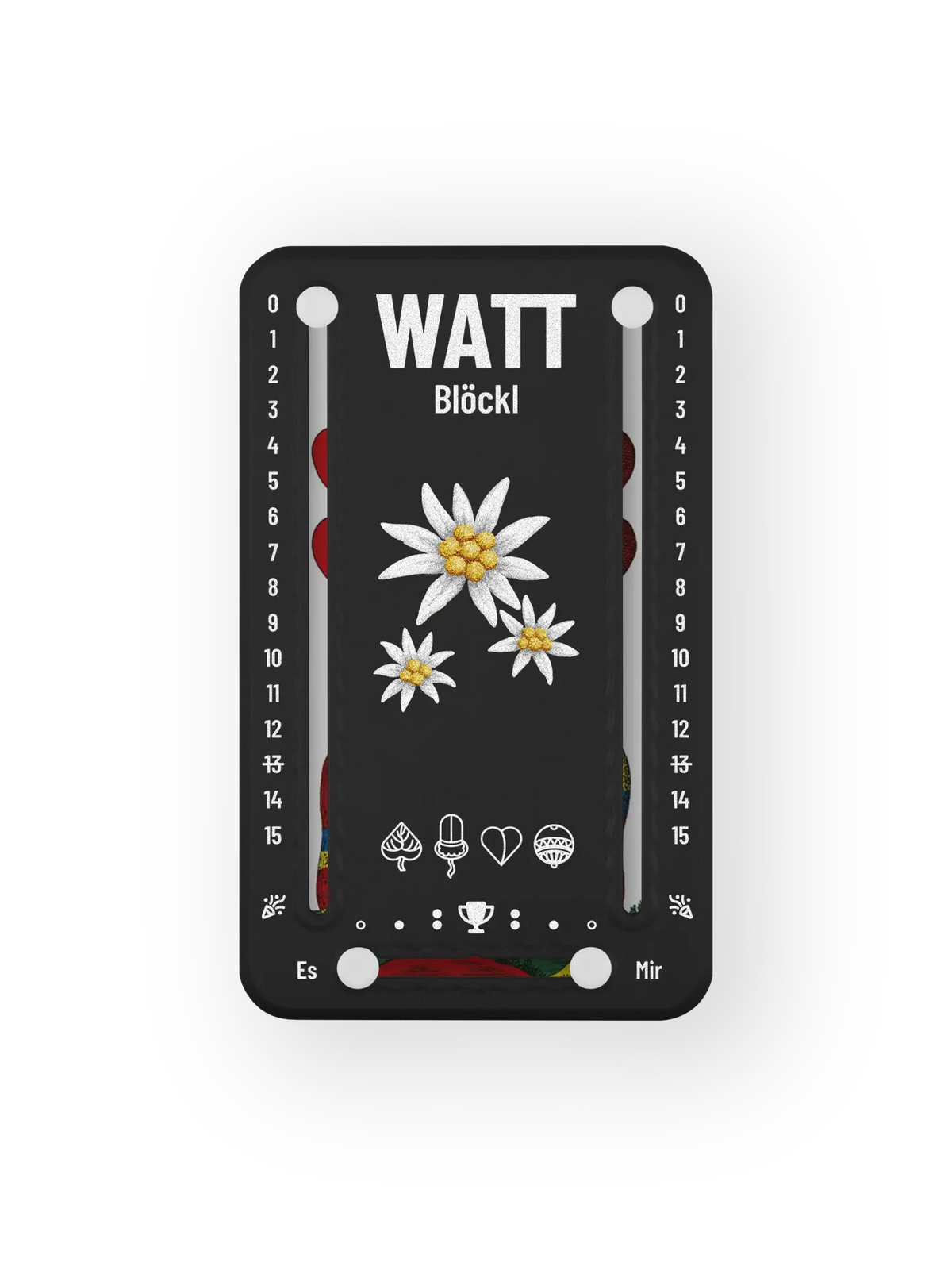 Wattblöckl bis 15 Punkte in Kunststoff schwarz und weissen Pins - mit Edelweiss Motiv auf transparenten Hintergrund.