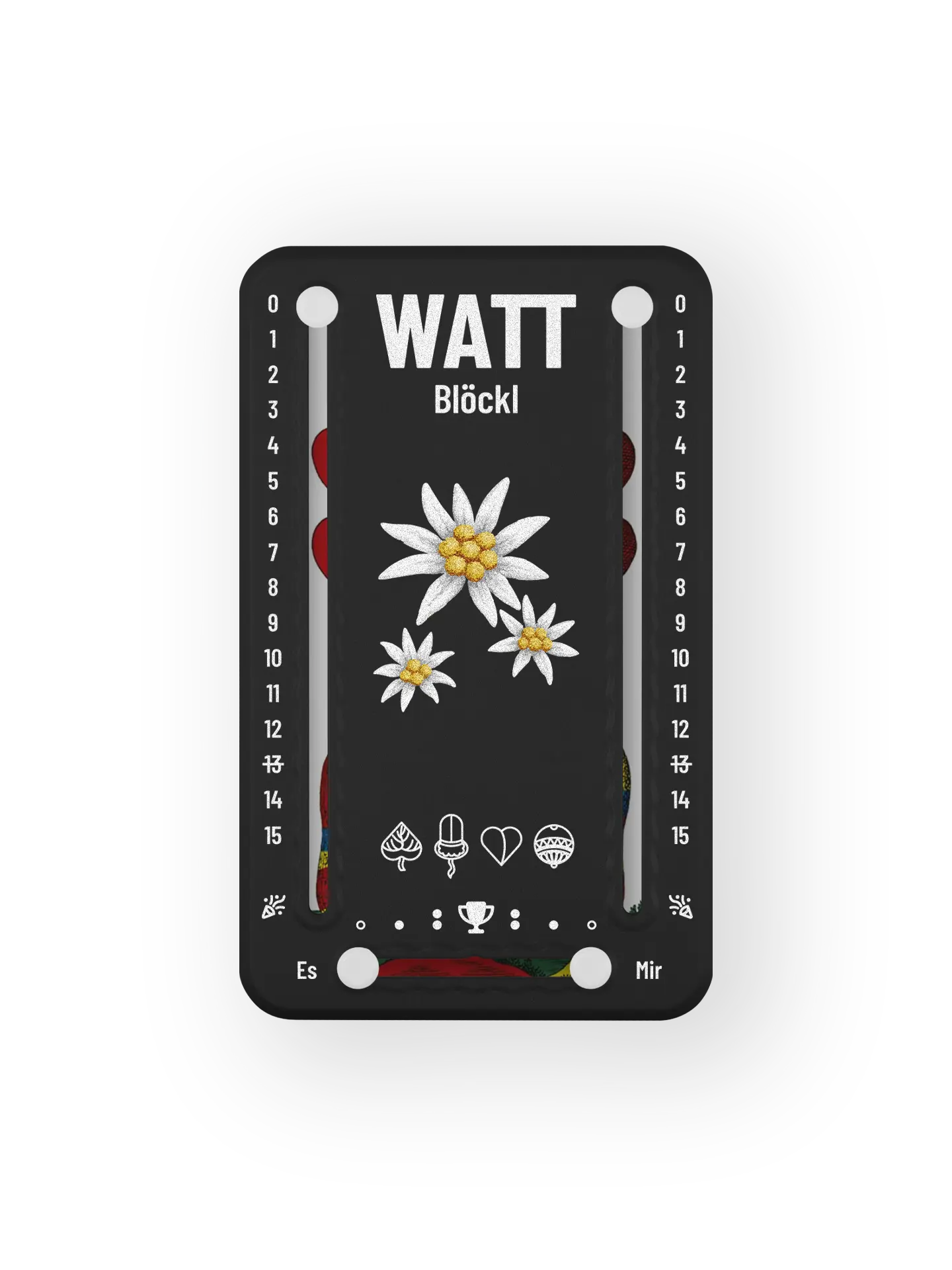 Wattblöckl bis 15 Punkte in Kunststoff schwarz und weissen Pins - mit Edelweiss Motiv auf transparenten Hintergrund.