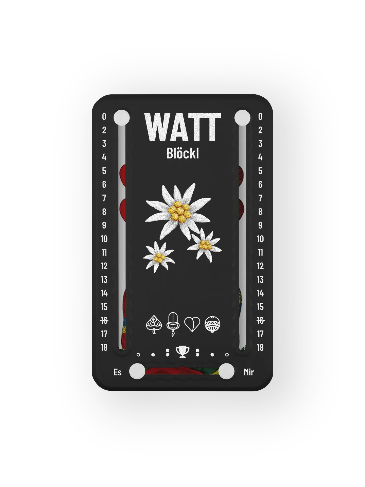 Wattblöckl bis 18 Punkte in Kunststoff schwarz und weissen Pins - mit Edelweiss Motiv auf transparenten Hintergrund.