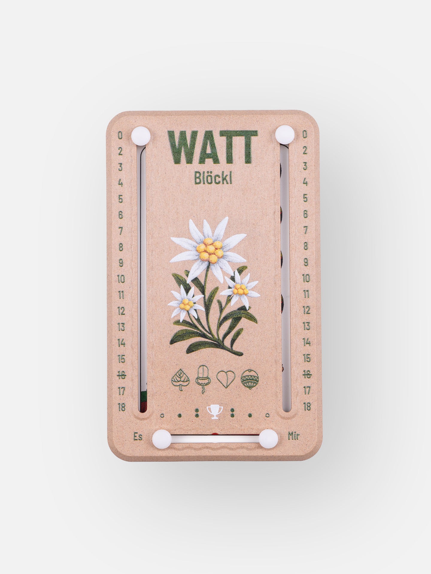 Wattblöckl in Holzoptik und weißen Pins - mit Edelweiß Motiv auf grauen Hintergrund.