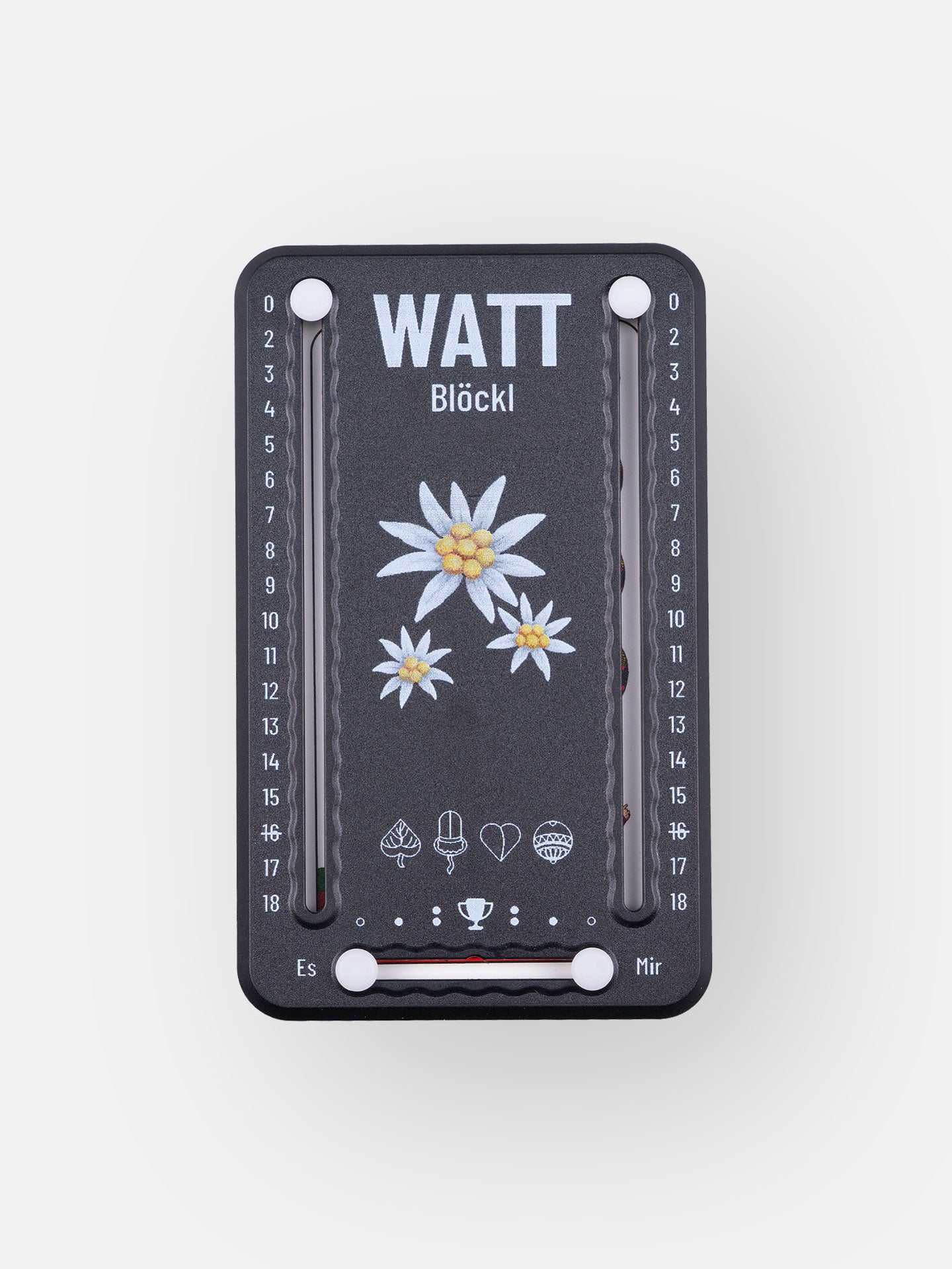 Wattblöckl aus Kunststoff in schwarz und weißen Pins - mit Edelweiß Motiv auf grauen Hintergrund.