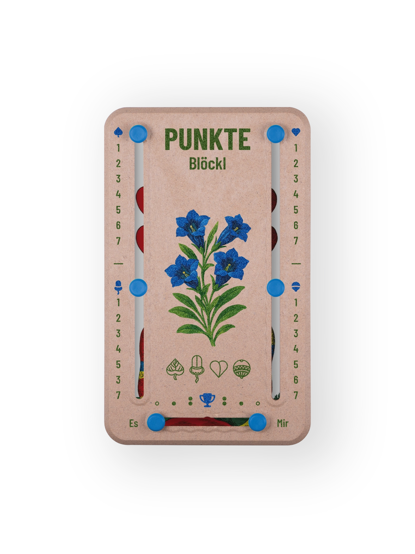 Punkteblöckl bis jeweils 7 Punkte in Holzoptik  und blauen Pins - mit Enzian Motiv auf transparenten Hintergrund.