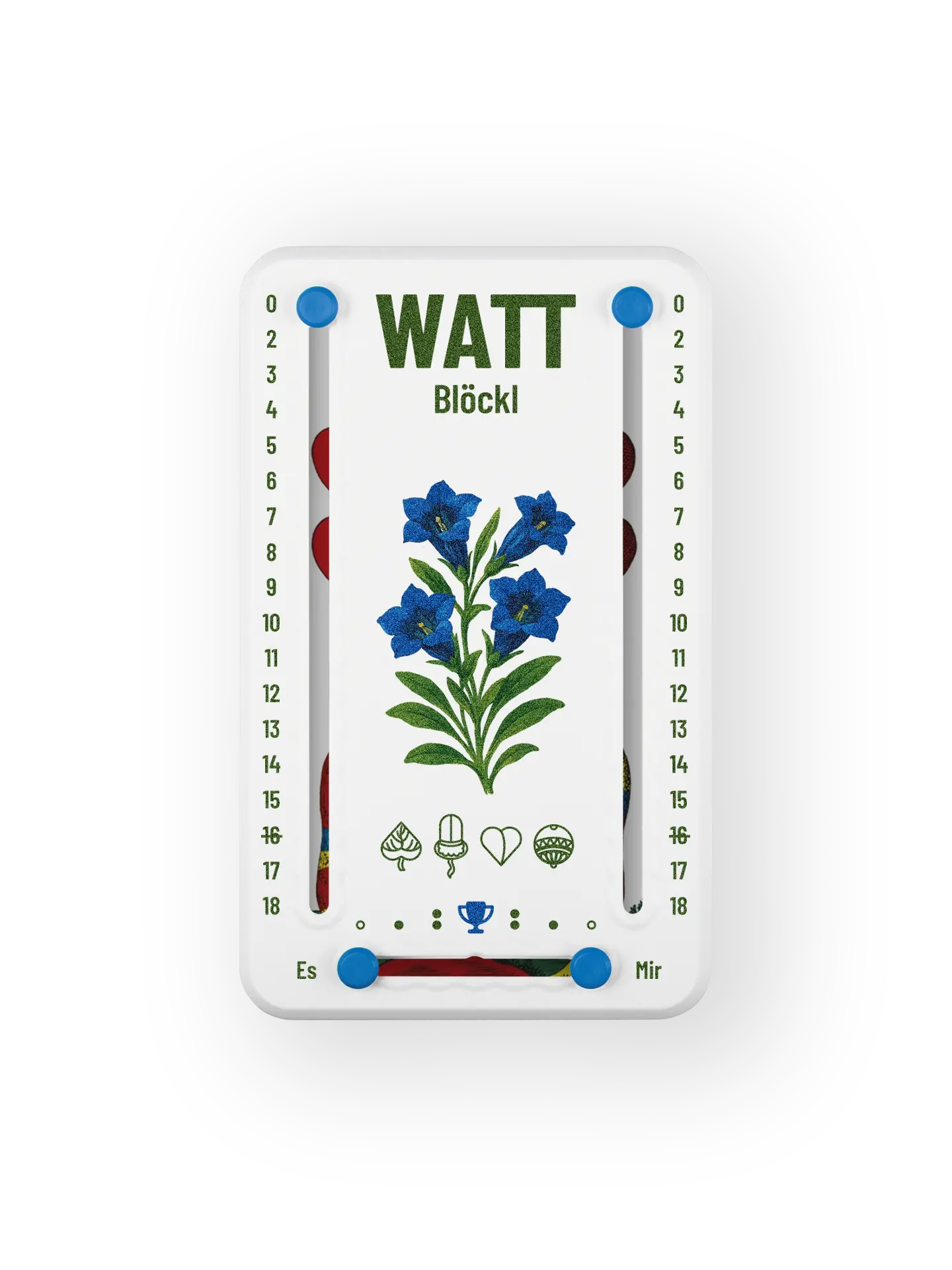 Wattblöckl bis 18 Punkte in Kunststoff weiß  und blauen Pins - mit Enzian Motiv auf transparenten Hintergrund.