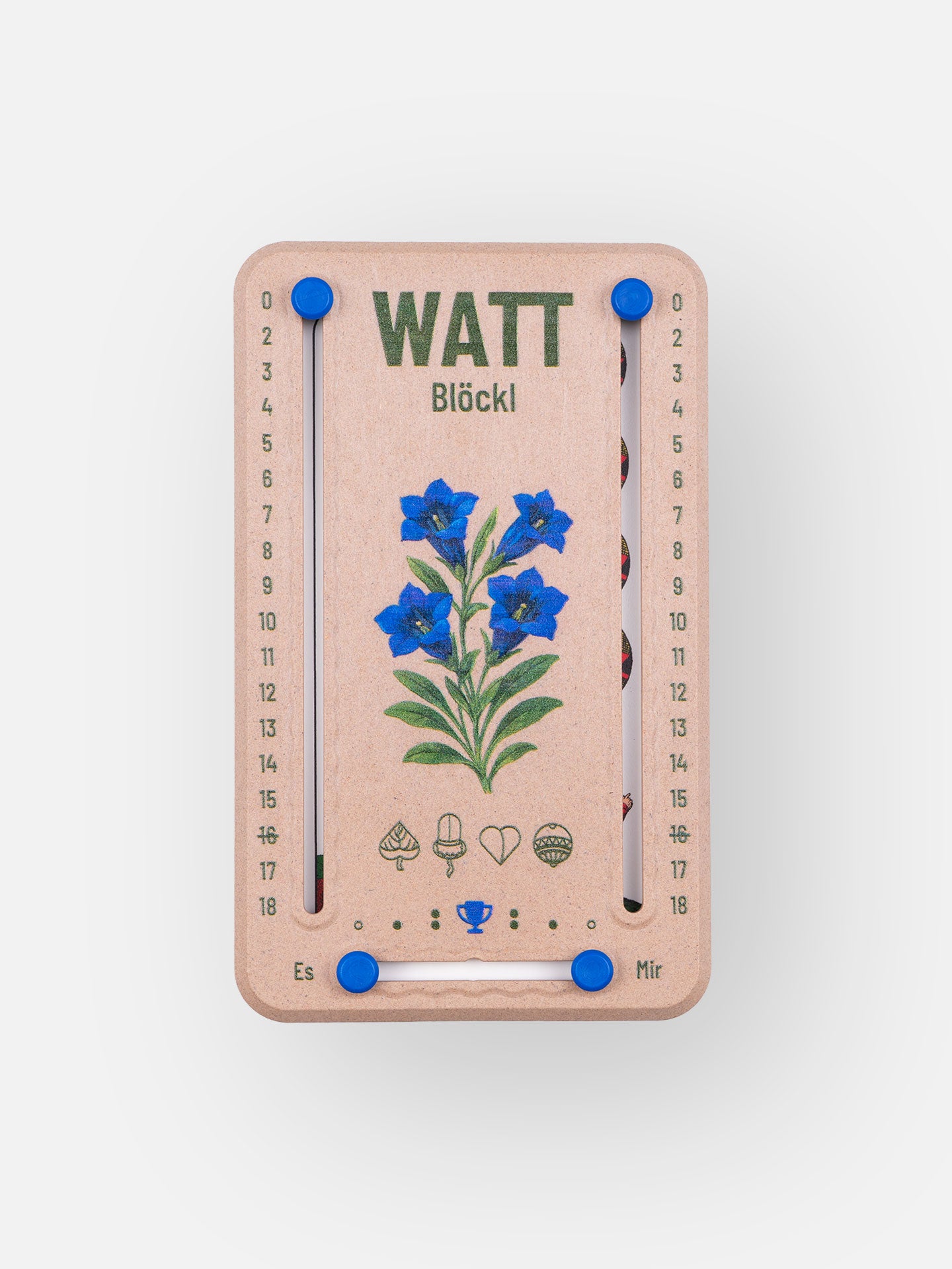 Wattblöckl in Holzoptik und blauen Pins - mit Enzian Motiv auf grauen Hintergrund.