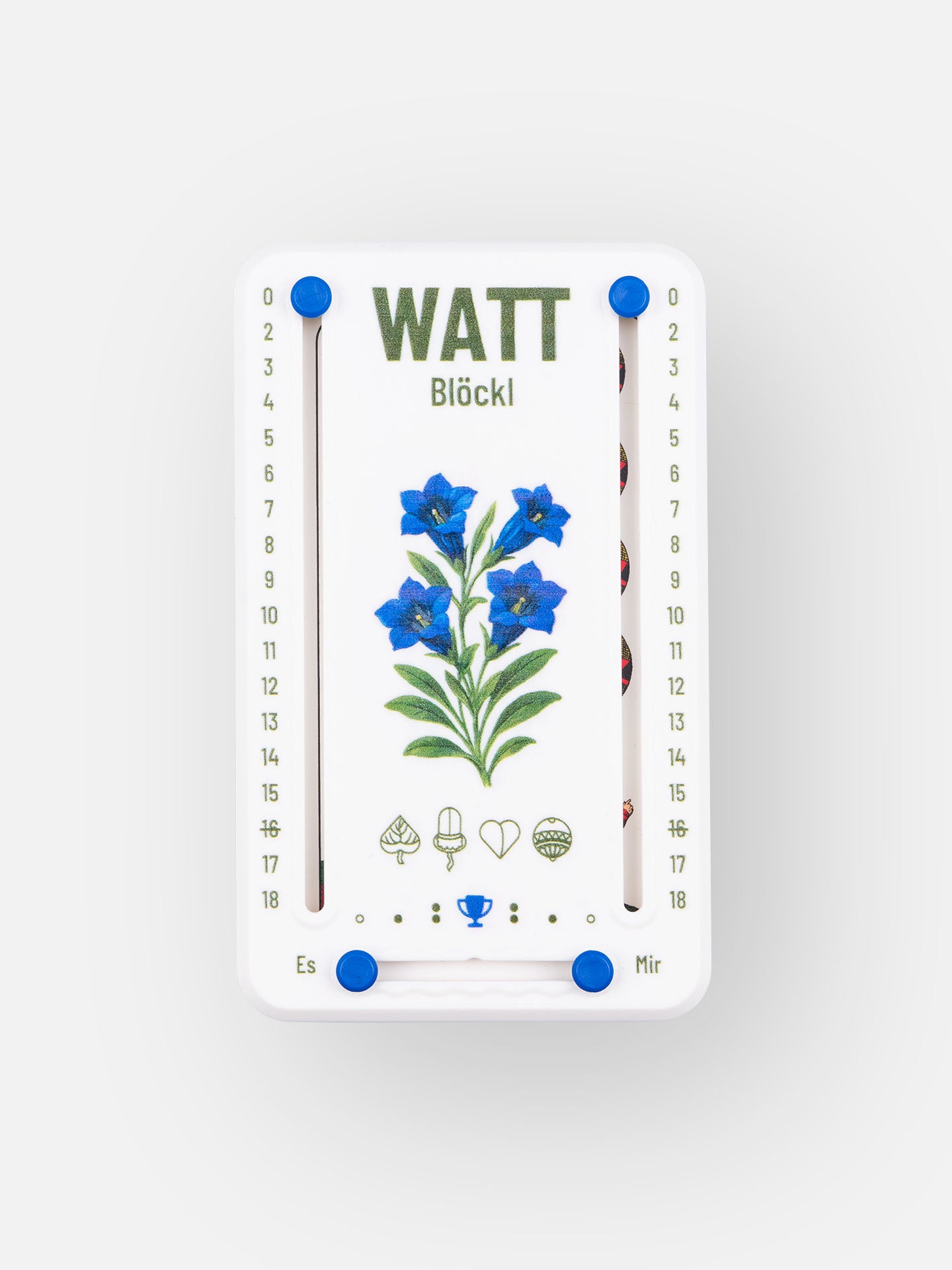 Wattblöckl aus Kunststoff in weiß und blauen Pins - mit Enzian Motiv auf grauen Hintergrund.