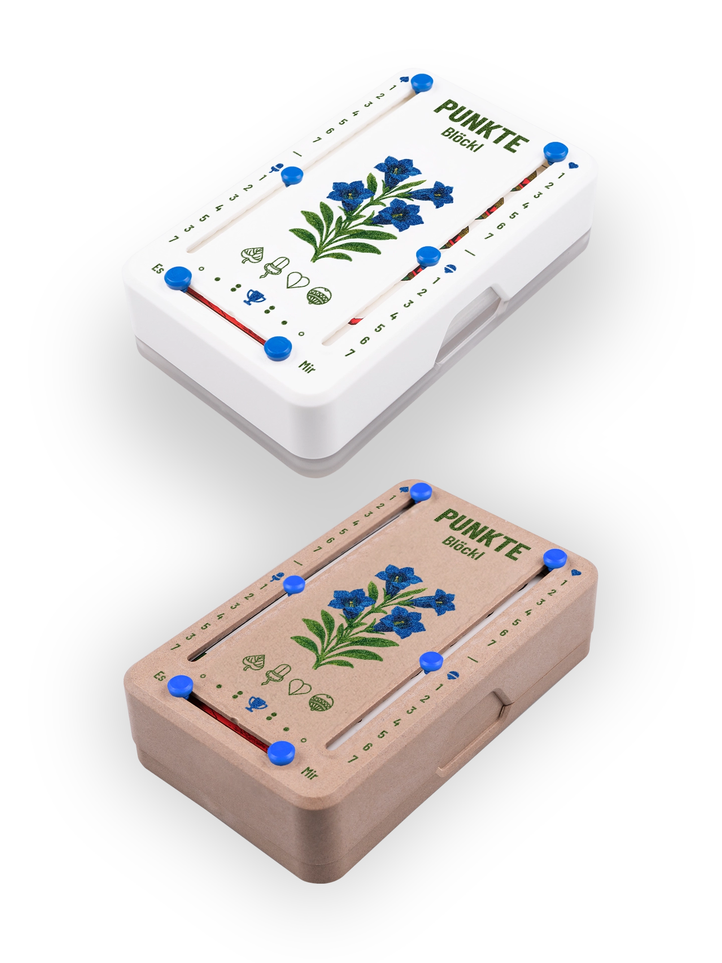 Zwei Punkteblöckl (perspektivisch fotografiert) in Kunststoff weiß und Holzoptik mit Motiv Enzian.