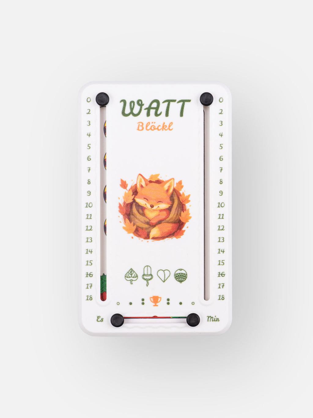 Wattblöckl aus weißem Kunststoff und schwarzen Pins - mit Fuchsbau Motiv auf grauen Hintergrund.