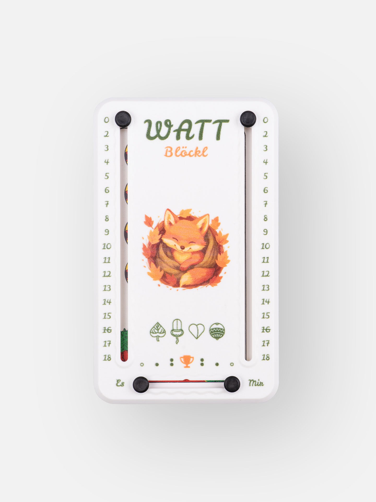 Wattblöckl aus weißem Kunststoff und schwarzen Pins - mit Fuchsbau Motiv auf grauen Hintergrund.