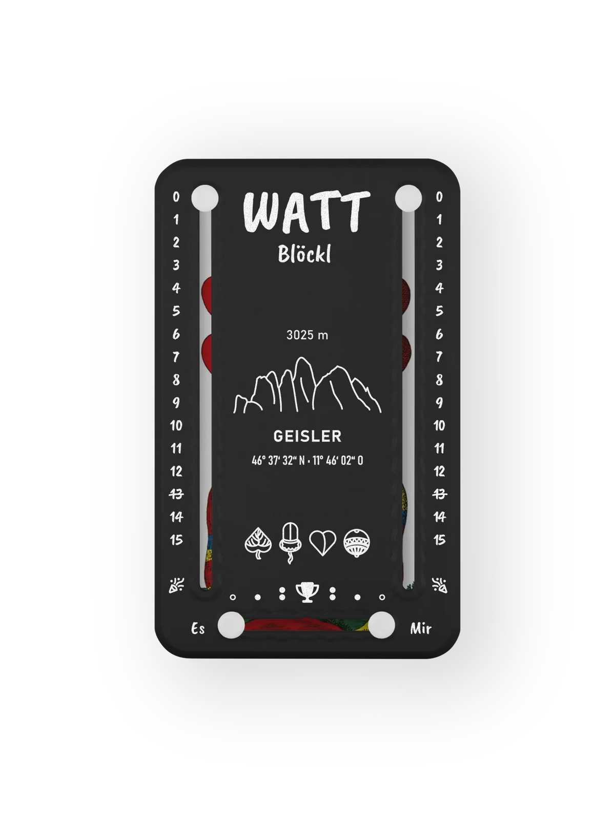 Wattblöckl bis 15 Punkte in Kunststoff schwarz und weissen Pins - mit Geisler Motiv auf transparenten Hintergrund.