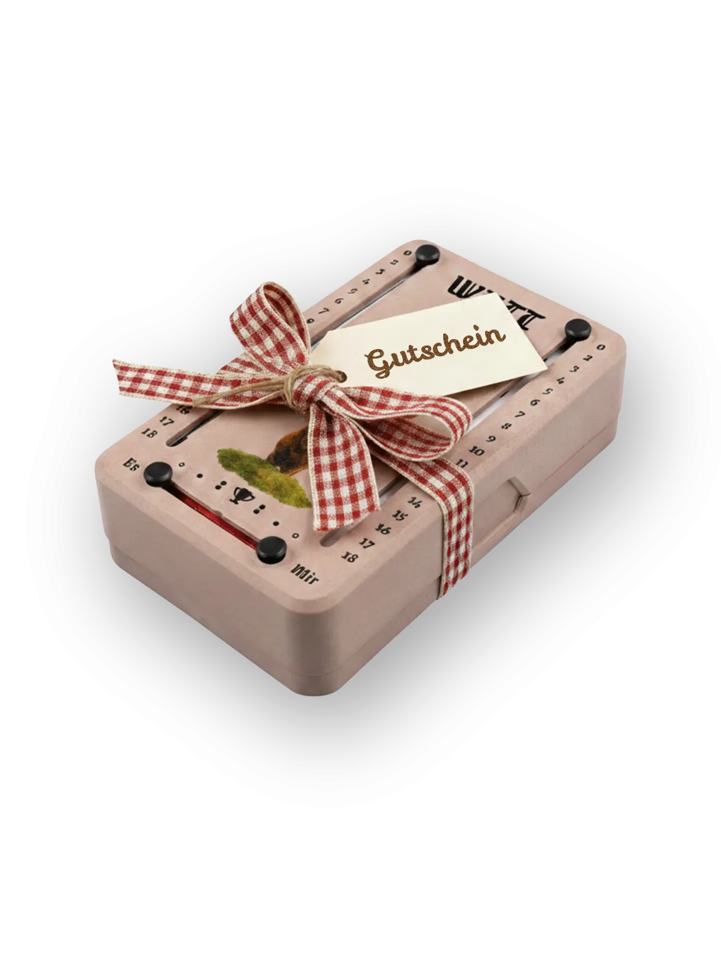 Wattblöckl in Holzoptik mit schwarzen Pins und Hirsch-Motiv mit Schleife als Geschenkgutschein verpackt.