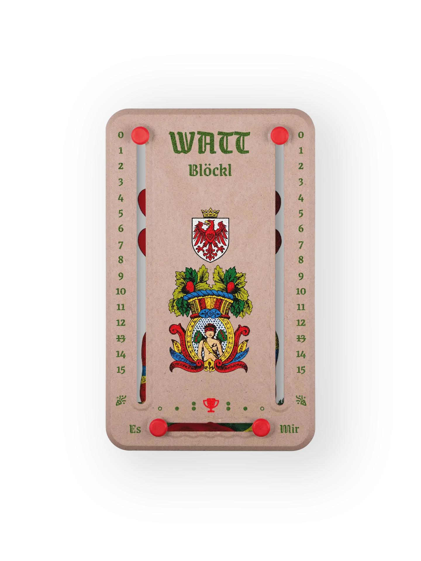 Wattblöckl bis 15 Punkte in Holzoptik und roten Pins - mit HerzAss Motiv auf transparenten Hintergrund.