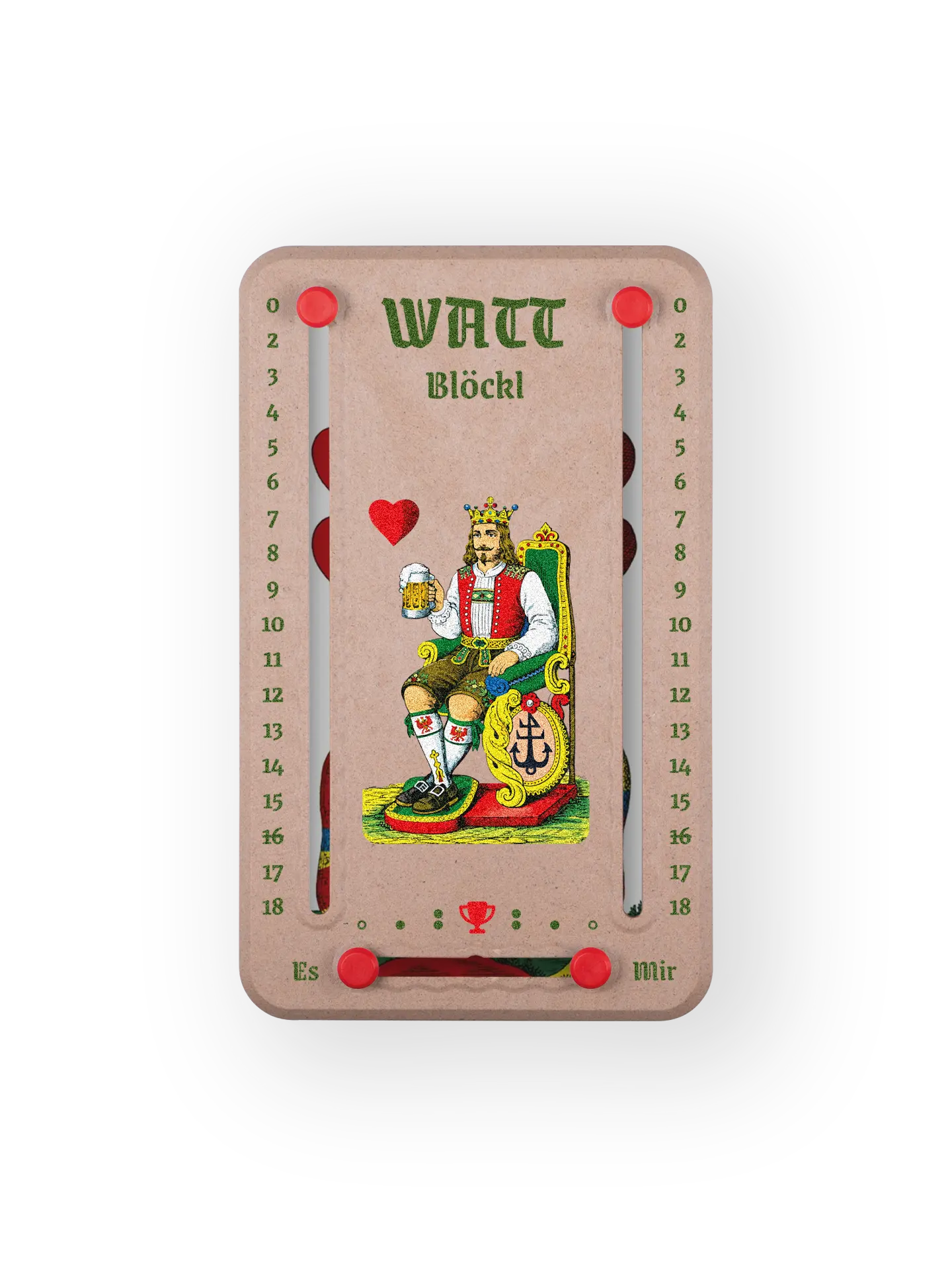 Wattblöckl bis 18 Punkte in Holzoptik und roten Pins - mit HerzKoenig Motiv auf transparenten Hintergrund.
