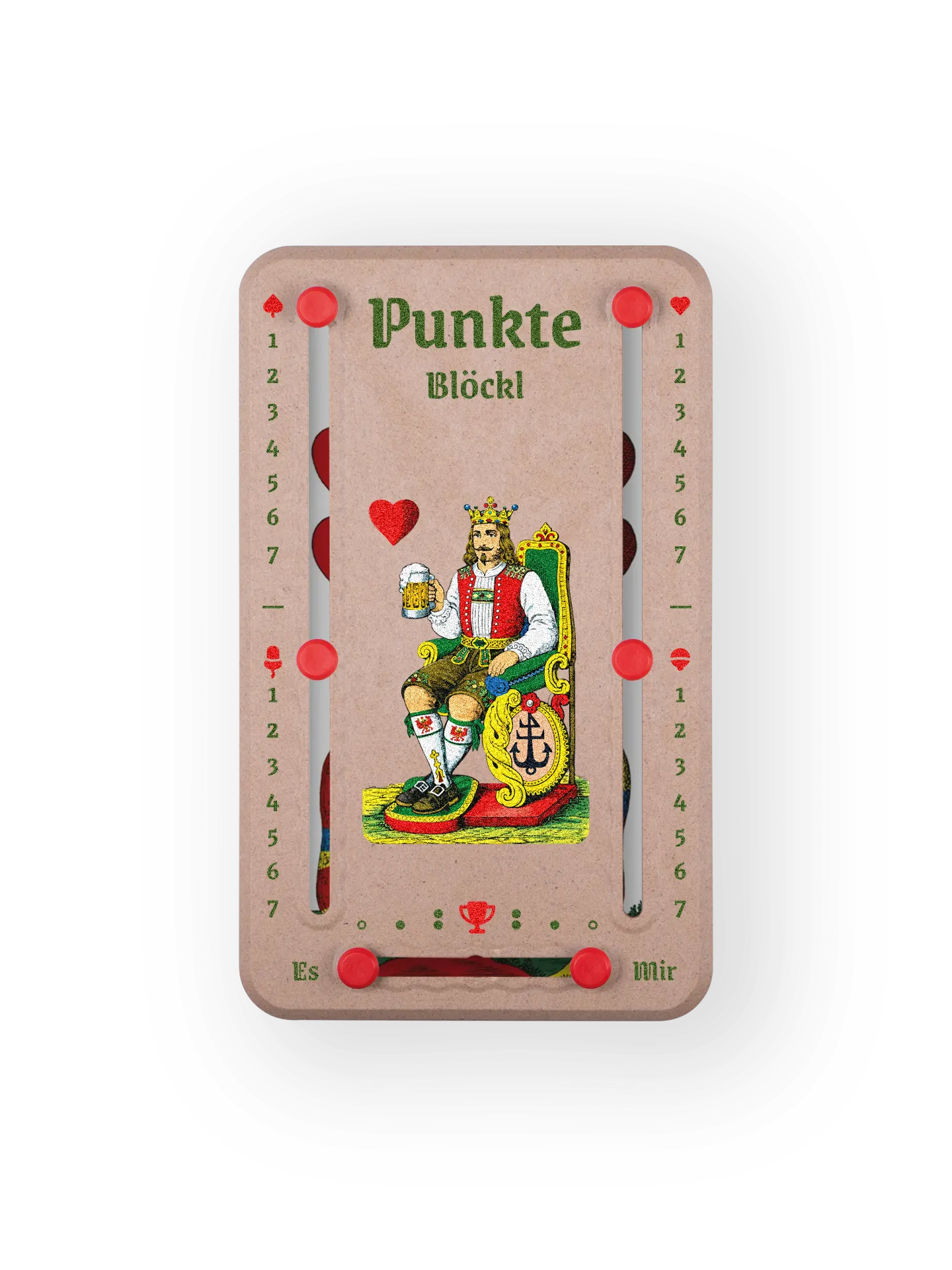 Punkteblöckl bis jeweils 7 Punkte in Holzoptik  und roten Pins - mit HerzKoenigMotiv auf transparenten Hintergrund.