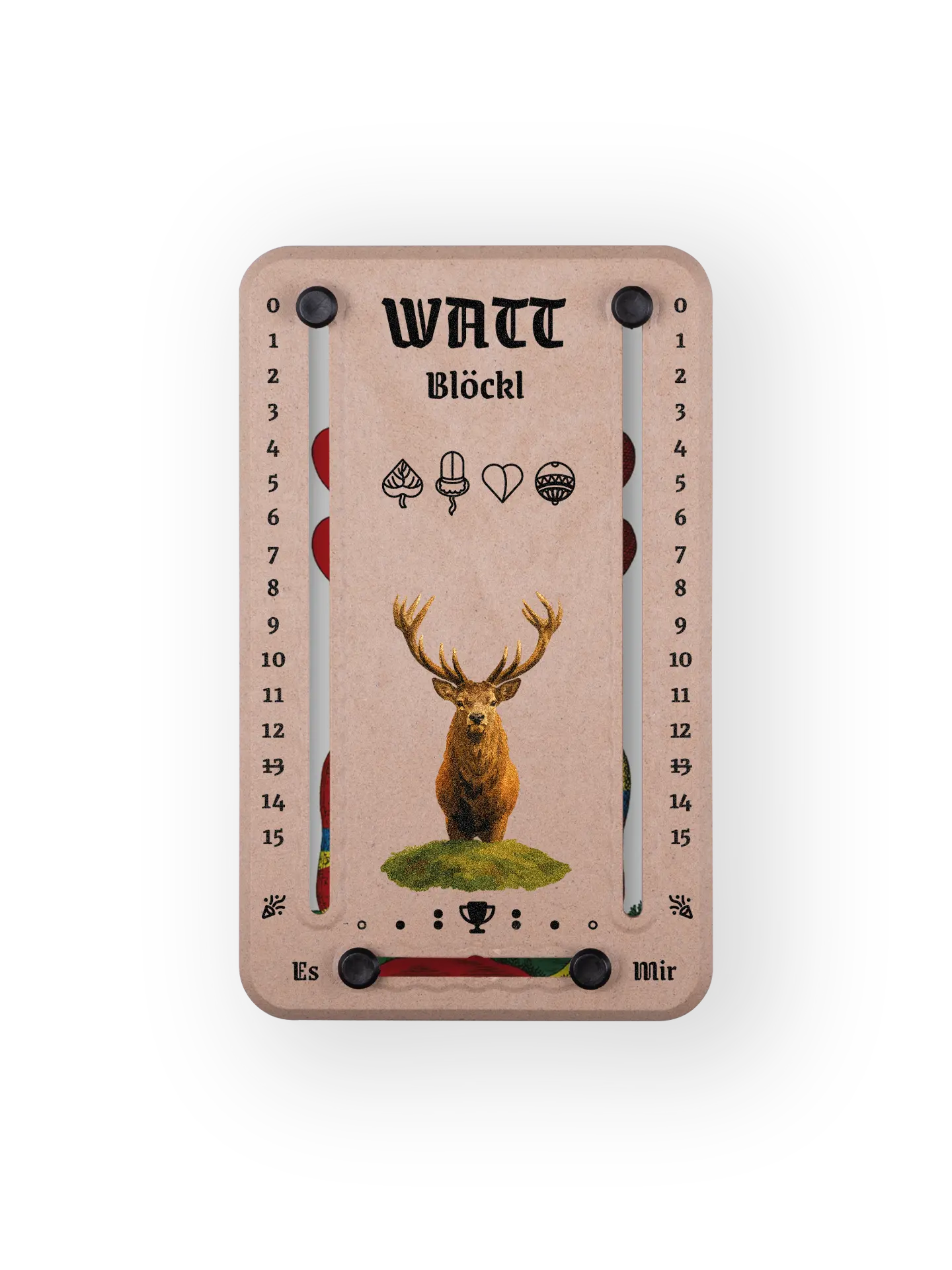 Wattblöckl bis 15 Punkte in Holzoptik und schwarzen Pins - mit Hirsch Motiv auf transparenten Hintergrund.